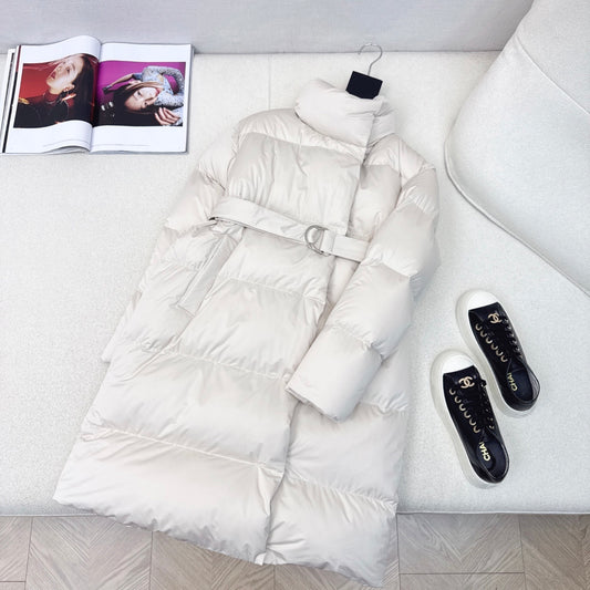 Cream Women's Long Puffer Coat with Belt and High Collar