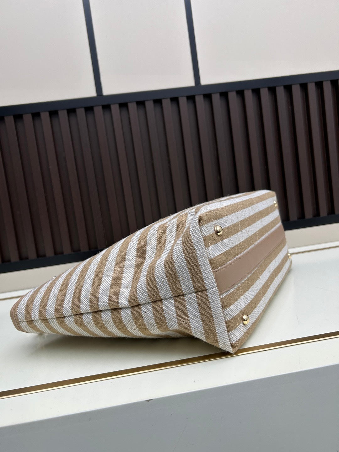 Canvas Tote Bag with Chain Straps in Beige and White
