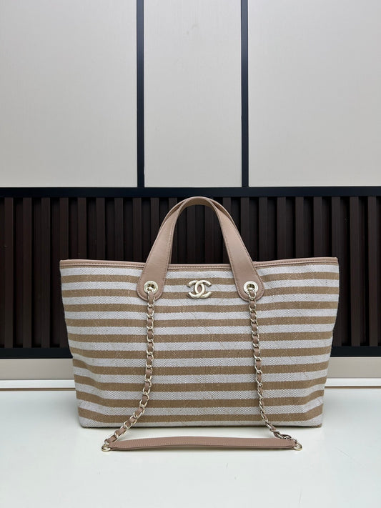 Canvas Tote Bag with Chain Straps in Beige and White