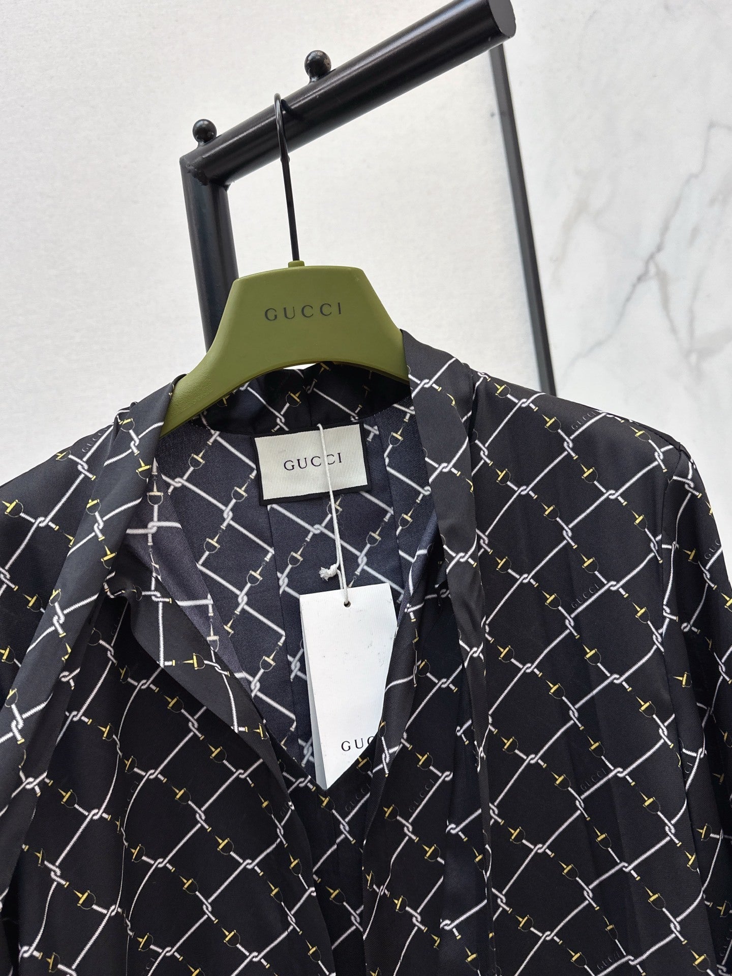 GG Horsebit-Print Bow Silk Blouse – Archival Equestrian Silk Twill Shirt