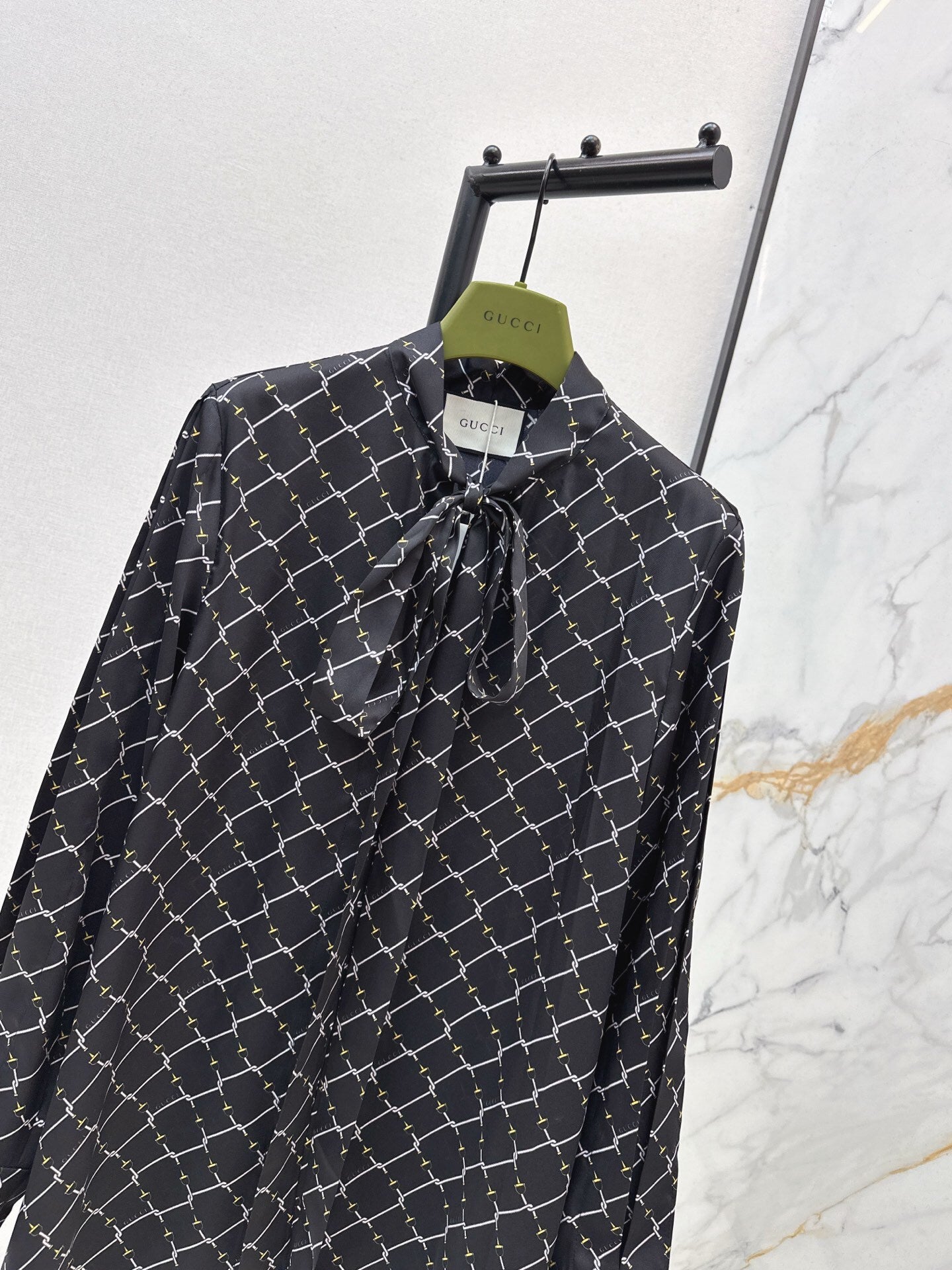 GG Horsebit-Print Bow Silk Blouse – Archival Equestrian Silk Twill Shirt