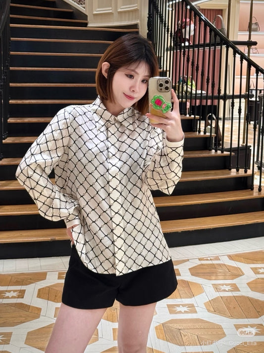 GG Horsebit-Print Silk Twill Set – Ivory & Black Wide-Leg  Ensemble