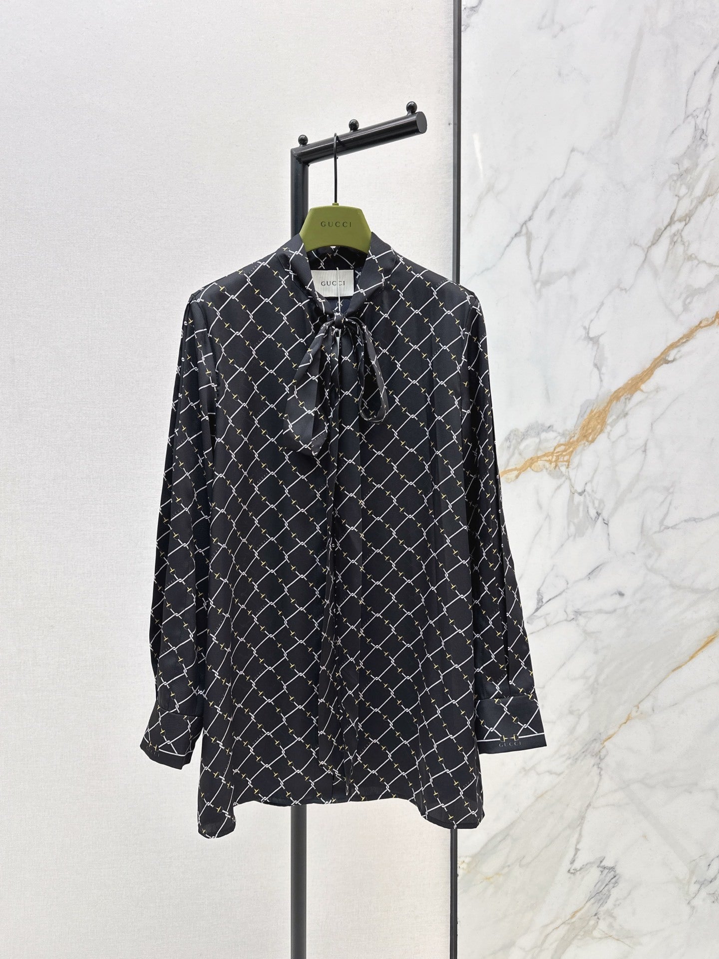 GG Horsebit-Print Bow Silk Blouse – Archival Equestrian Silk Twill Shirt