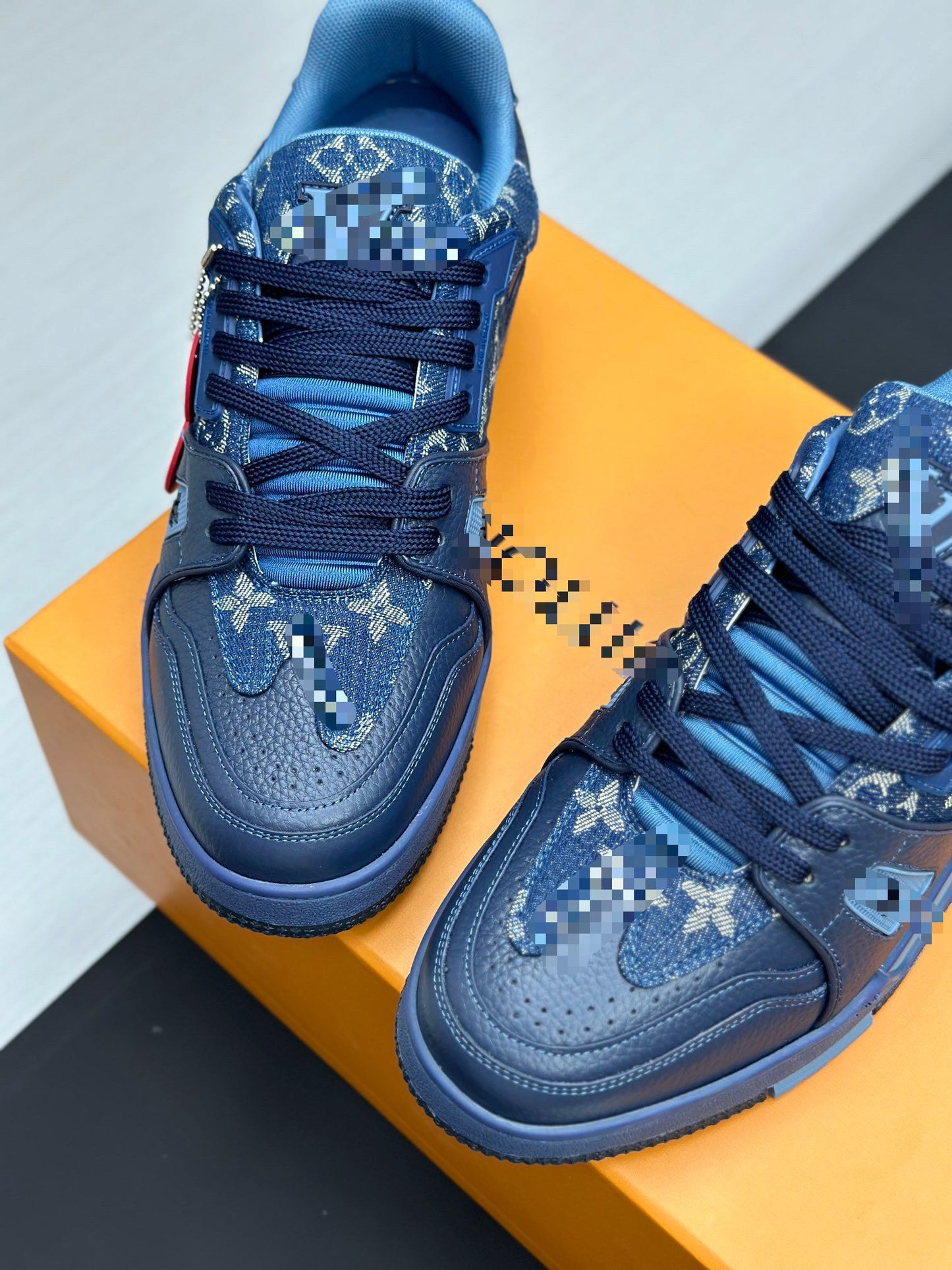 Indigo Blue Leather & Denim  Low Top L V Trainer Sneaker