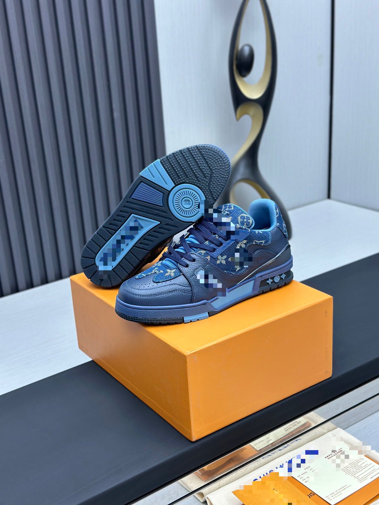 Indigo Blue Leather & Denim  Low Top L V Trainer Sneaker