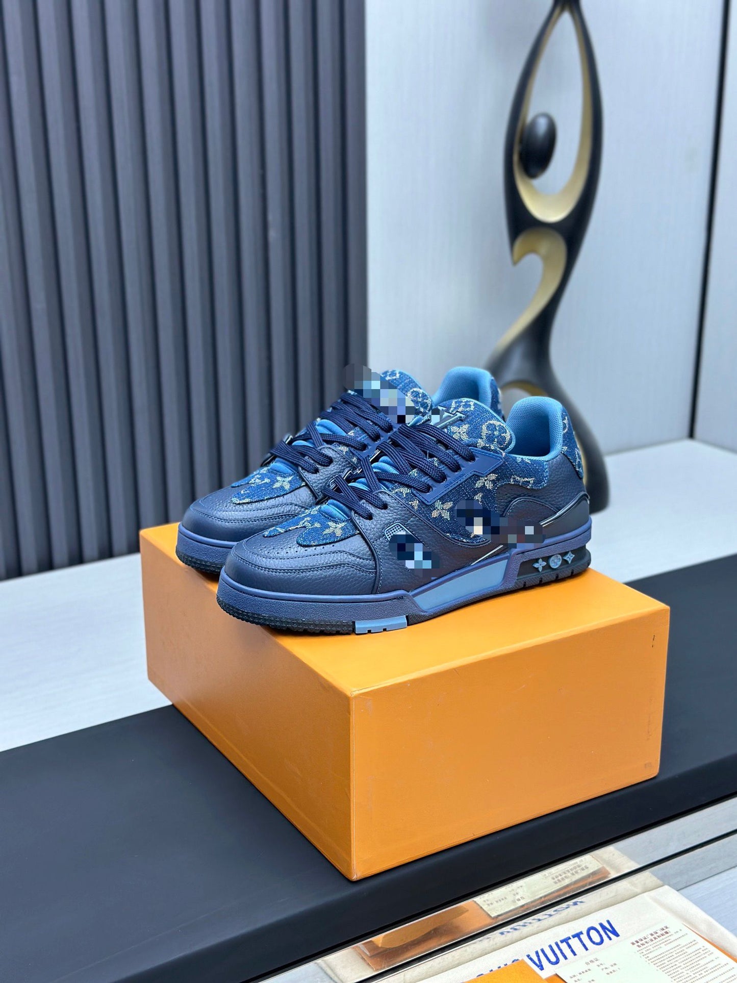 Indigo Blue Leather & Denim  Low Top L V Trainer Sneaker