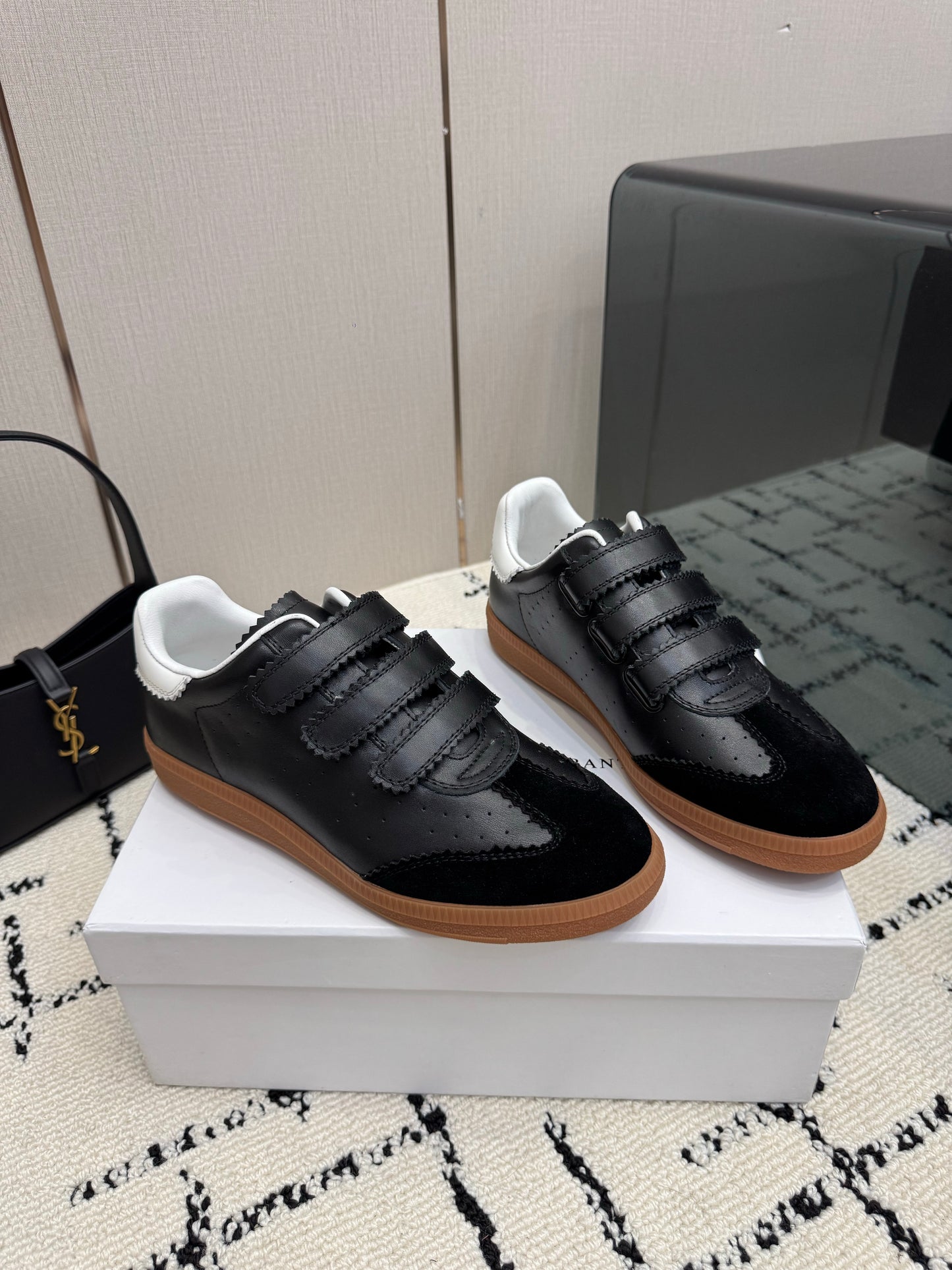 Black Leather and Suede Sneakers – Smooth Calfskin Low-Top Retro Court Shoes