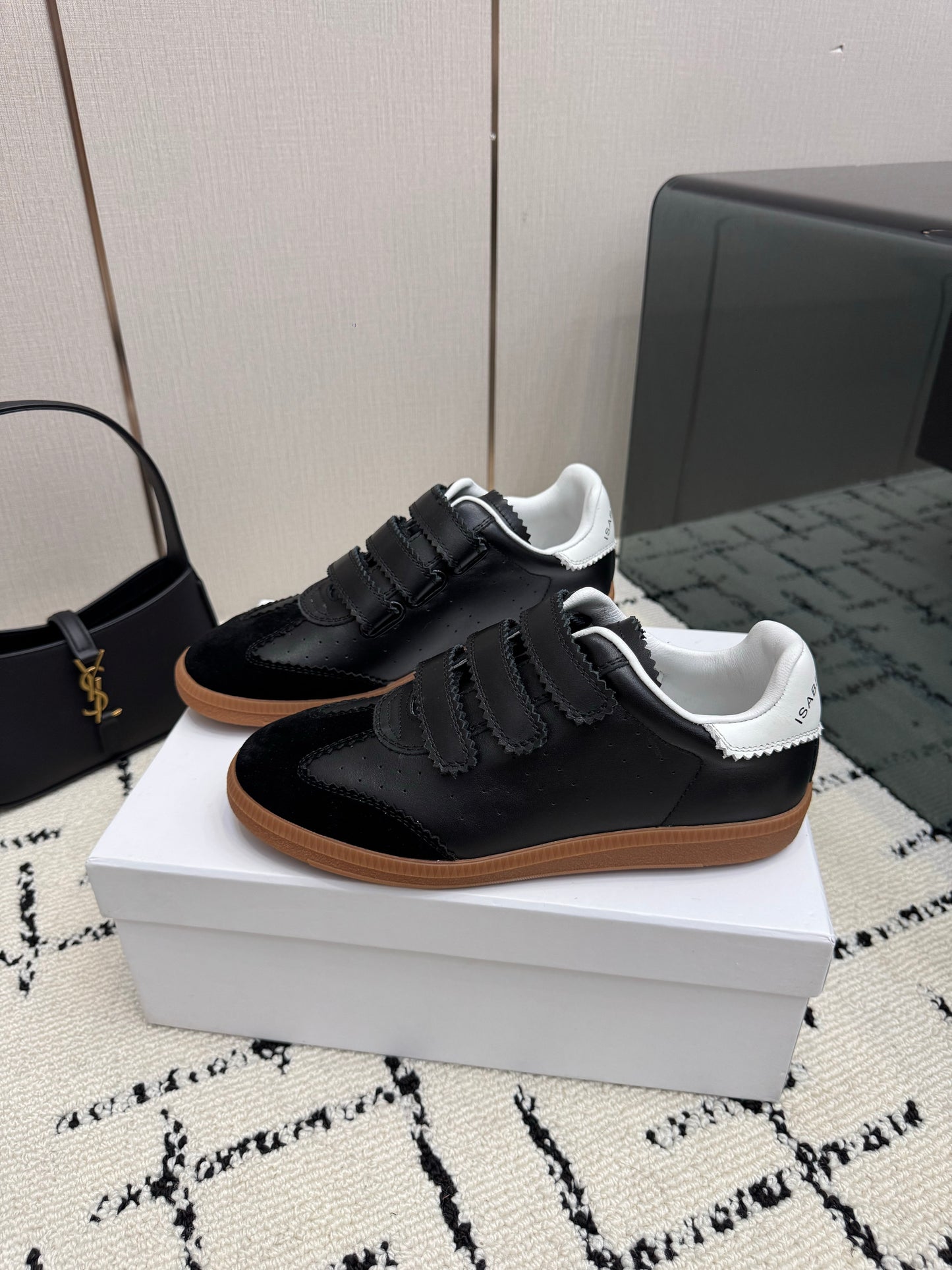 Black Leather and Suede Sneakers – Smooth Calfskin Low-Top Retro Court Shoes