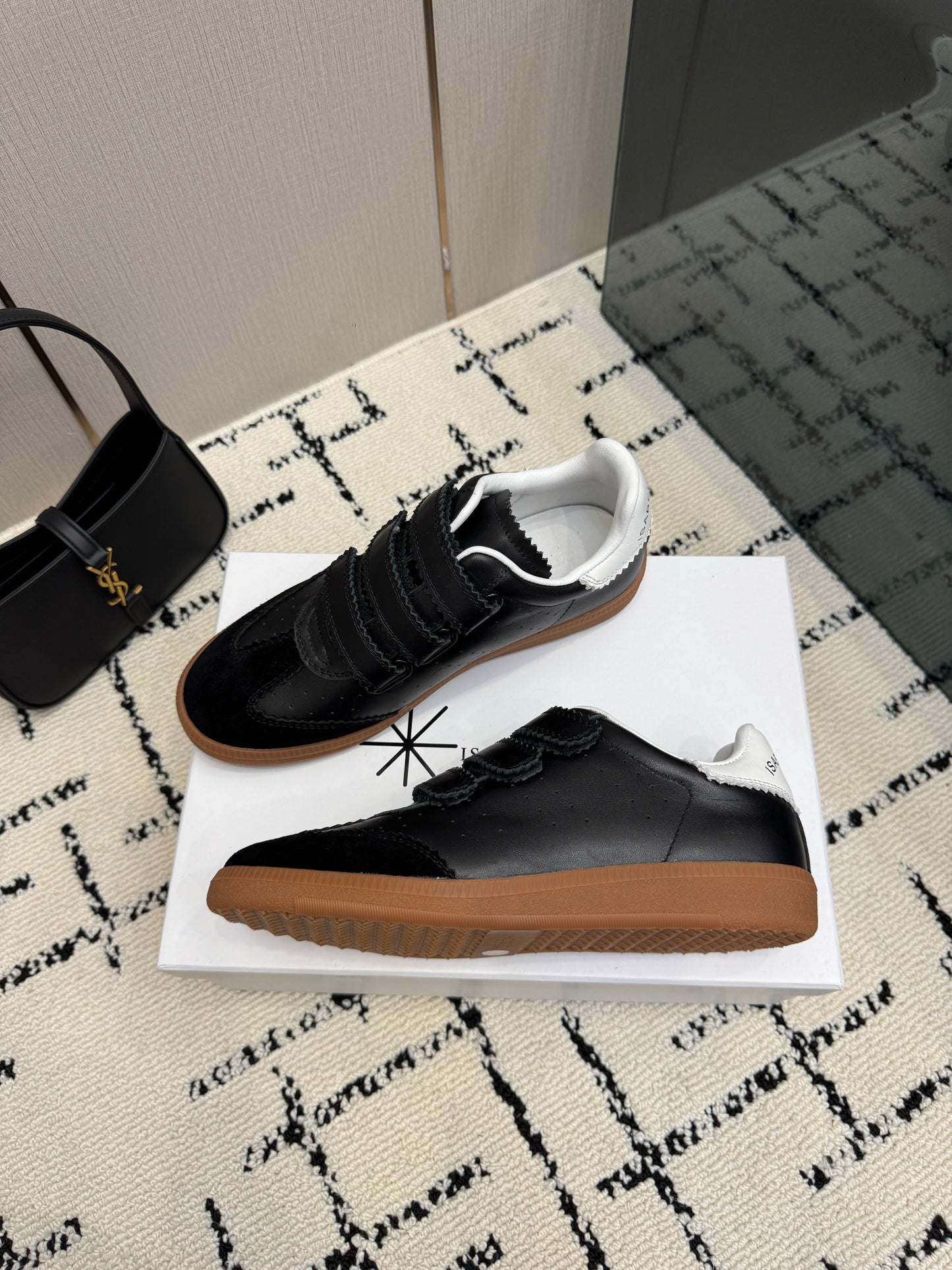 Black Leather and Suede Sneakers – Smooth Calfskin Low-Top Retro Court Shoes