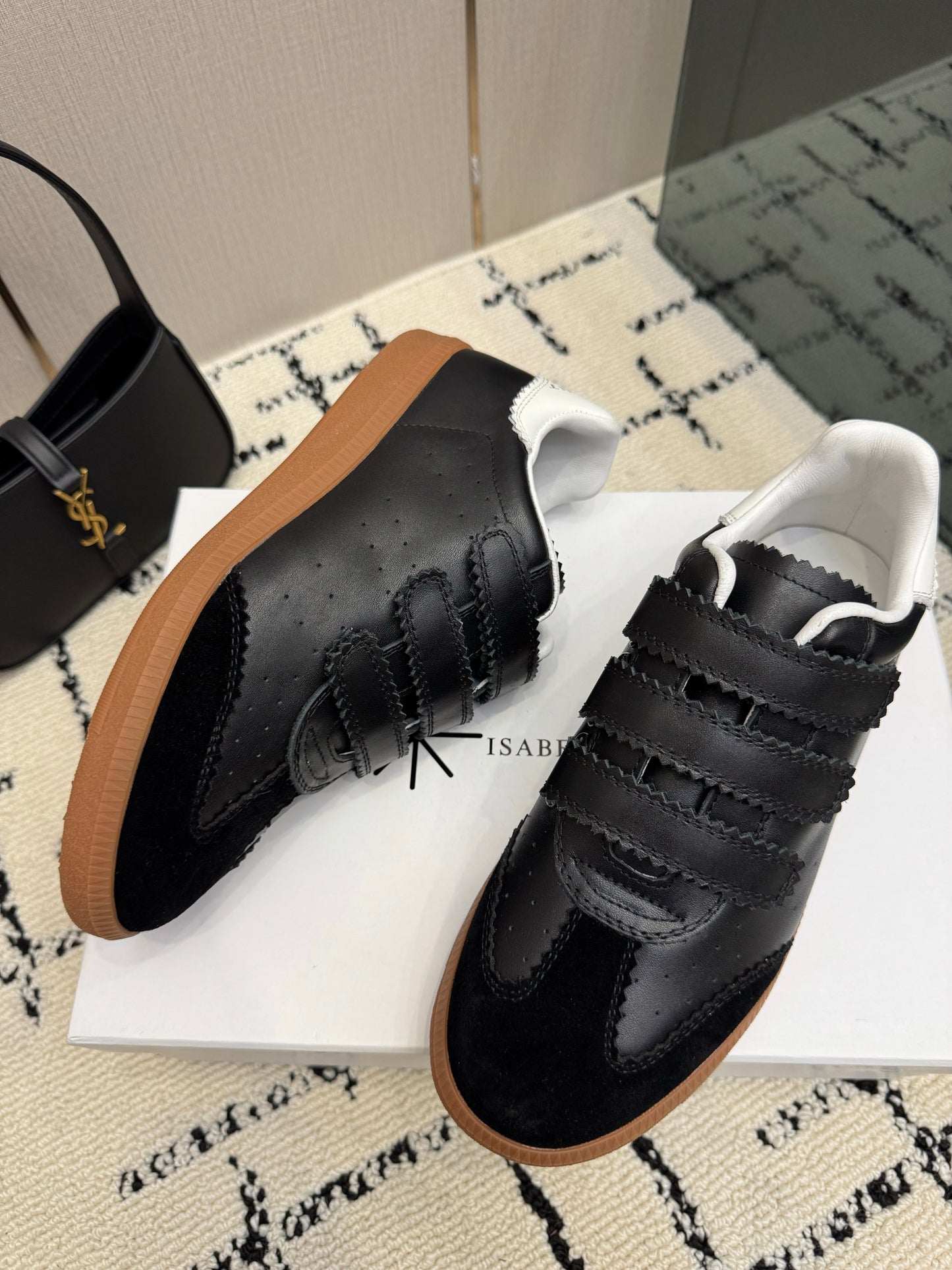 Black Leather and Suede Sneakers – Smooth Calfskin Low-Top Retro Court Shoes