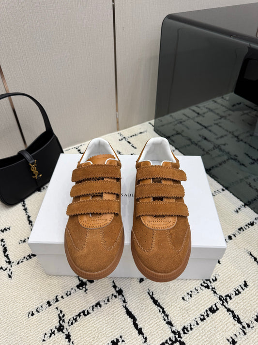 Cognac Suede Sneakers – Brushed Calfskin Low-Top Retro Court Shoes