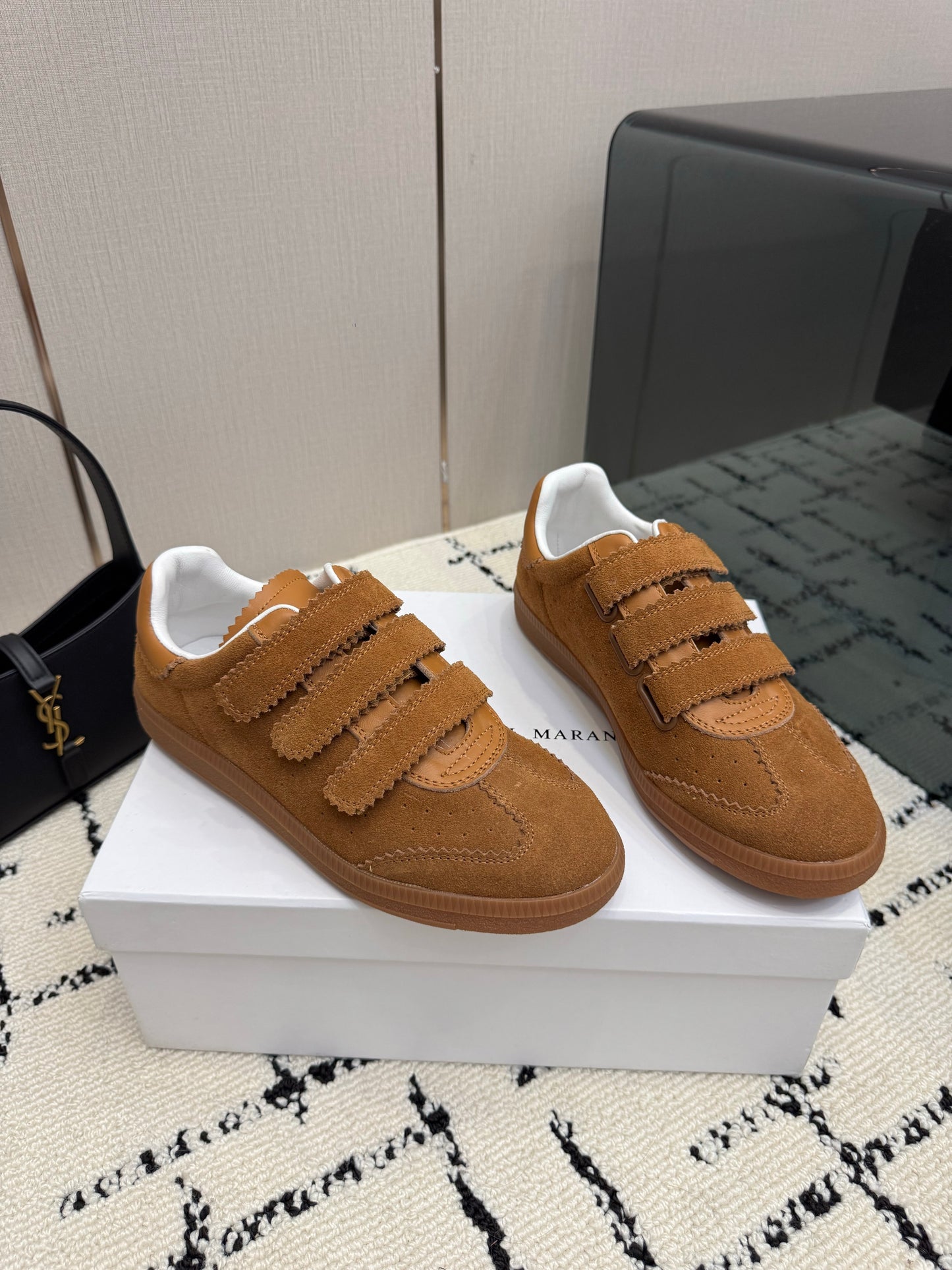 Cognac Suede Sneakers – Brushed Calfskin Low-Top Retro Court Shoes