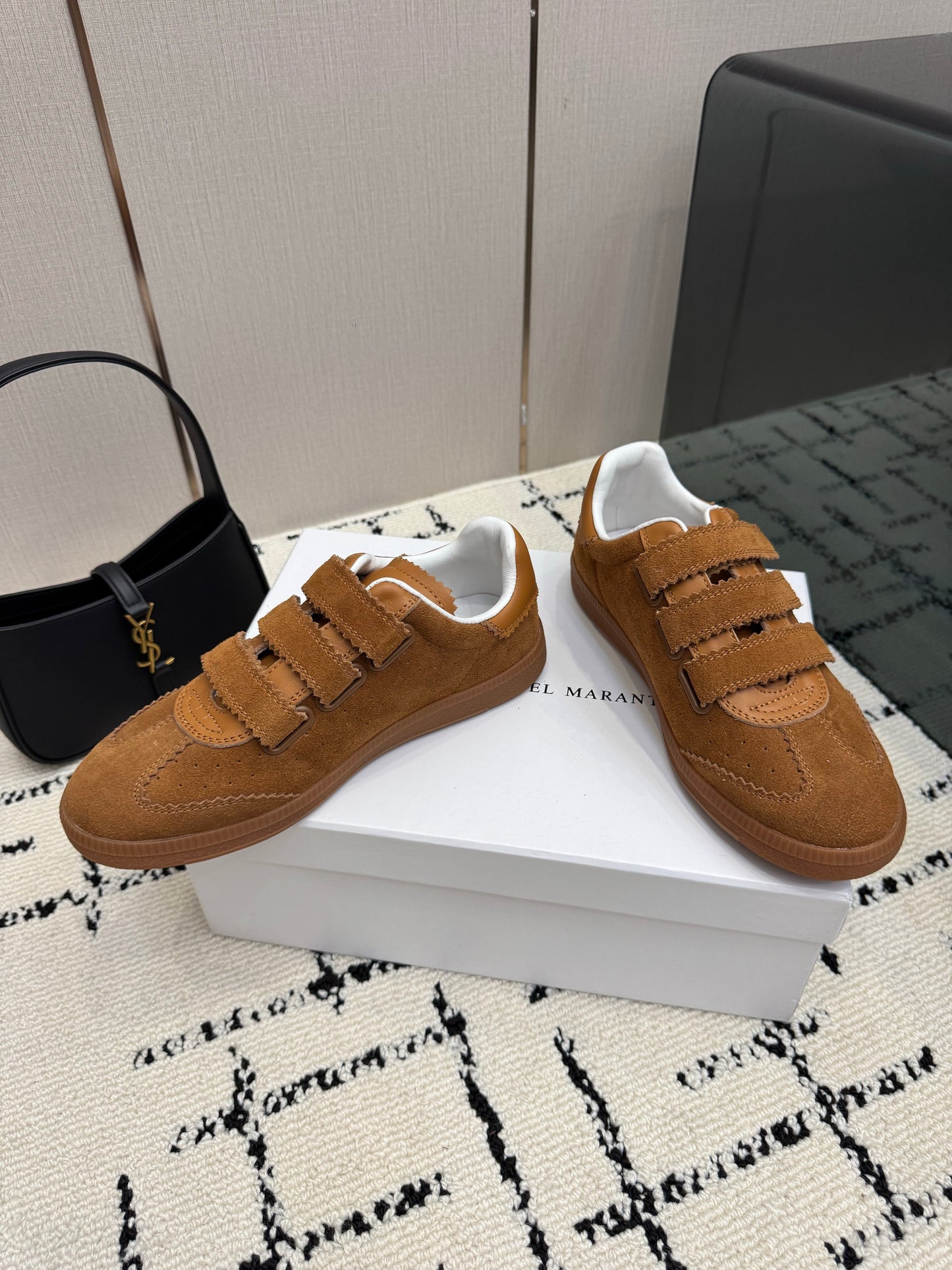 Cognac Suede Sneakers – Brushed Calfskin Low-Top Retro Court Shoes