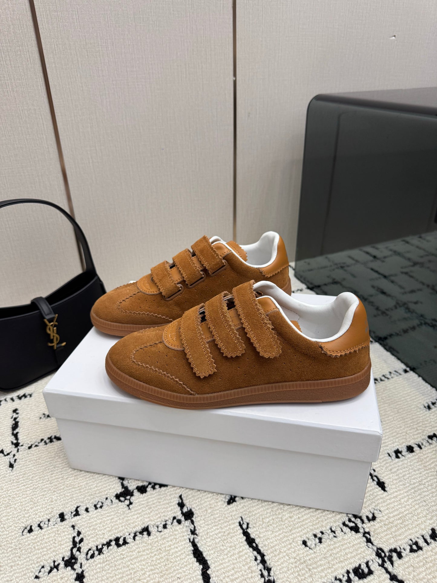 Cognac Suede Sneakers – Brushed Calfskin Low-Top Retro Court Shoes