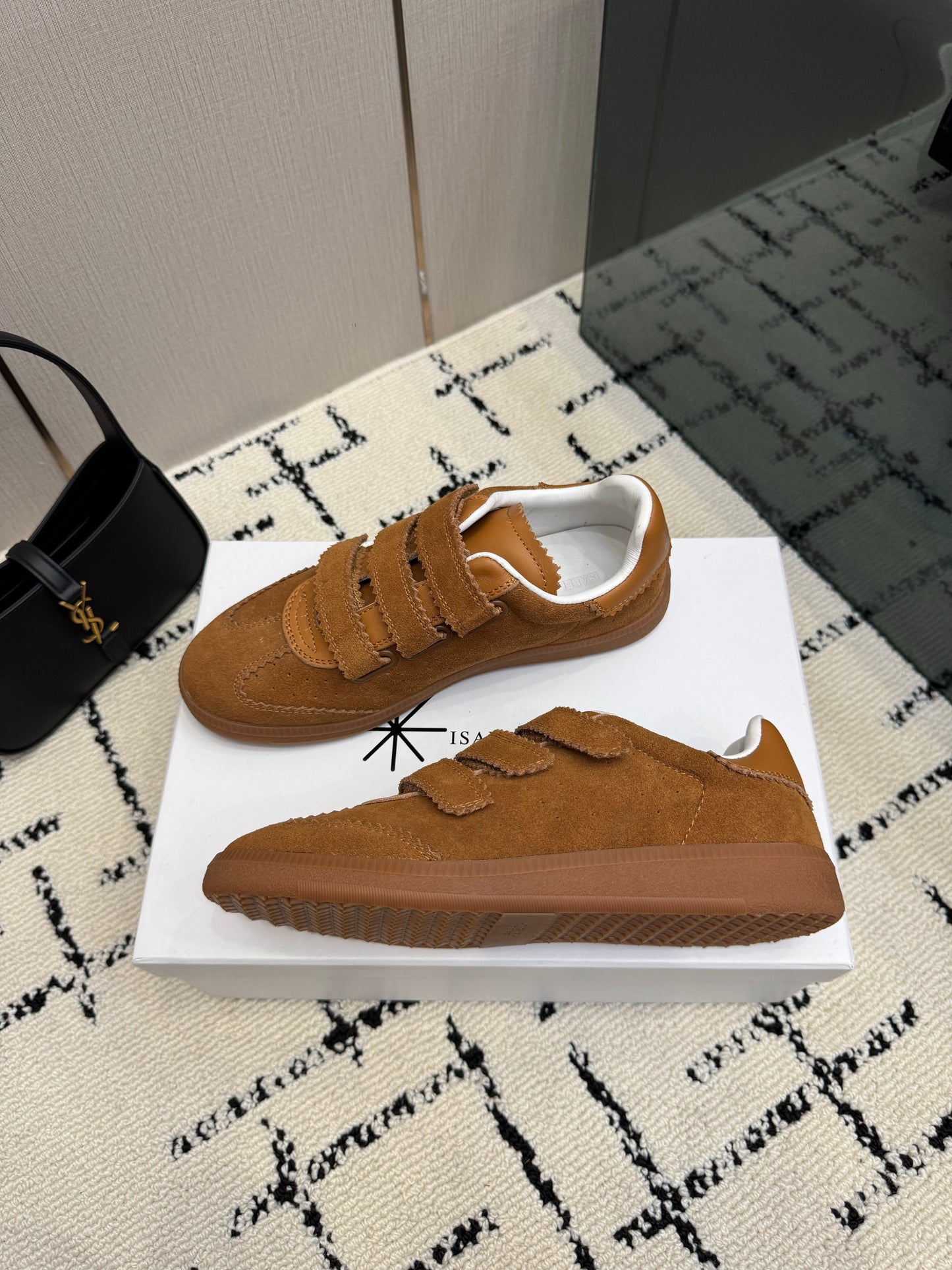 Cognac Suede Sneakers – Brushed Calfskin Low-Top Retro Court Shoes