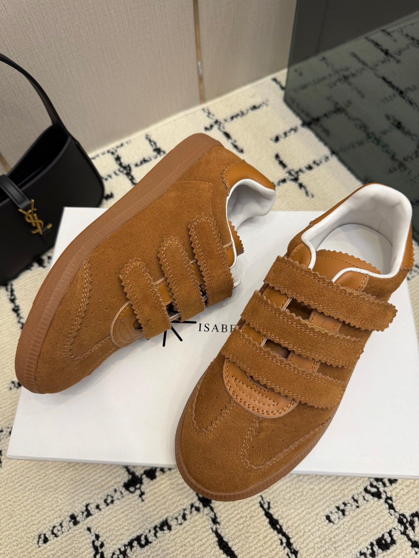 Cognac Suede Sneakers – Brushed Calfskin Low-Top Retro Court Shoes