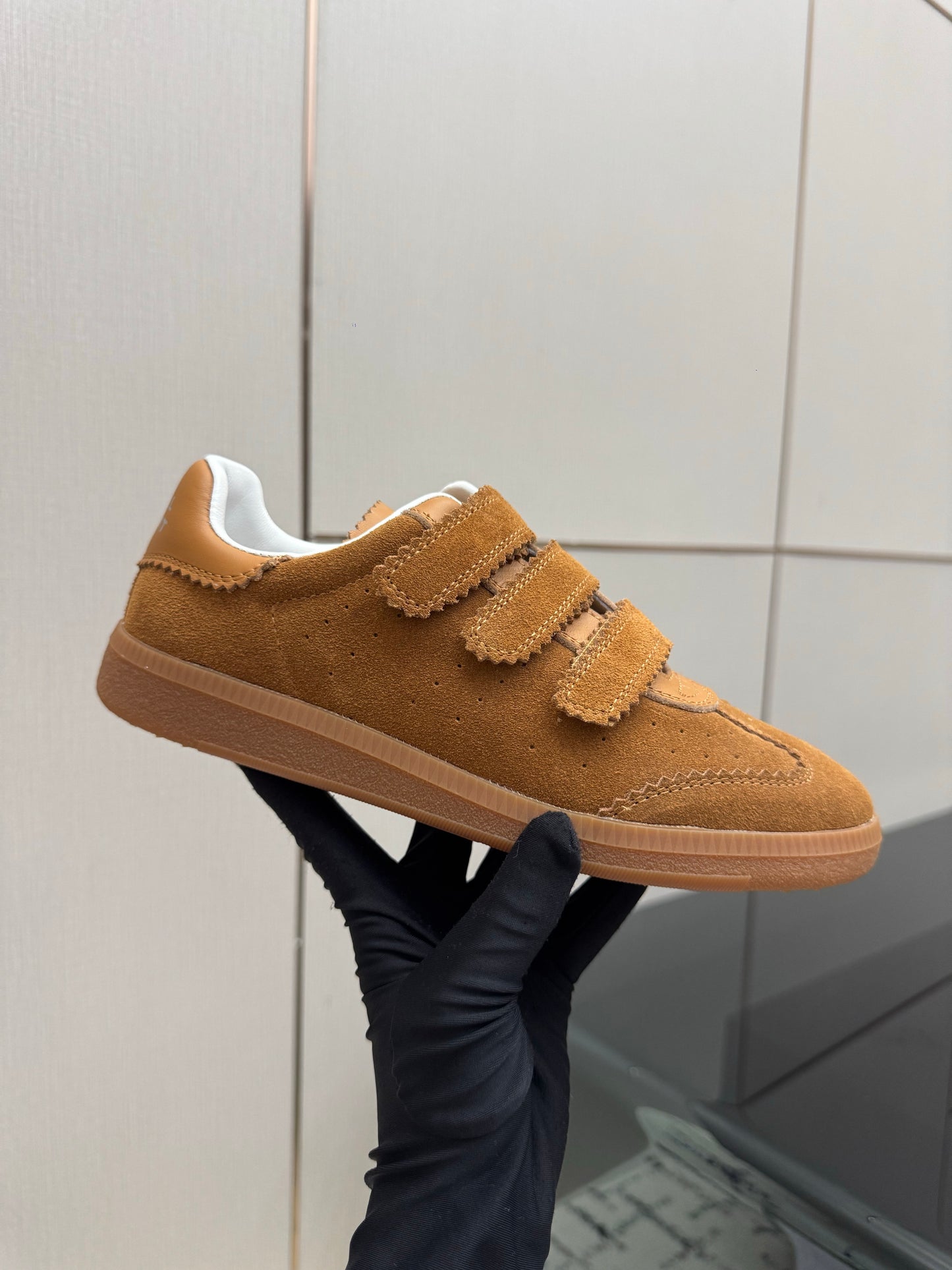Cognac Suede Sneakers – Brushed Calfskin Low-Top Retro Court Shoes