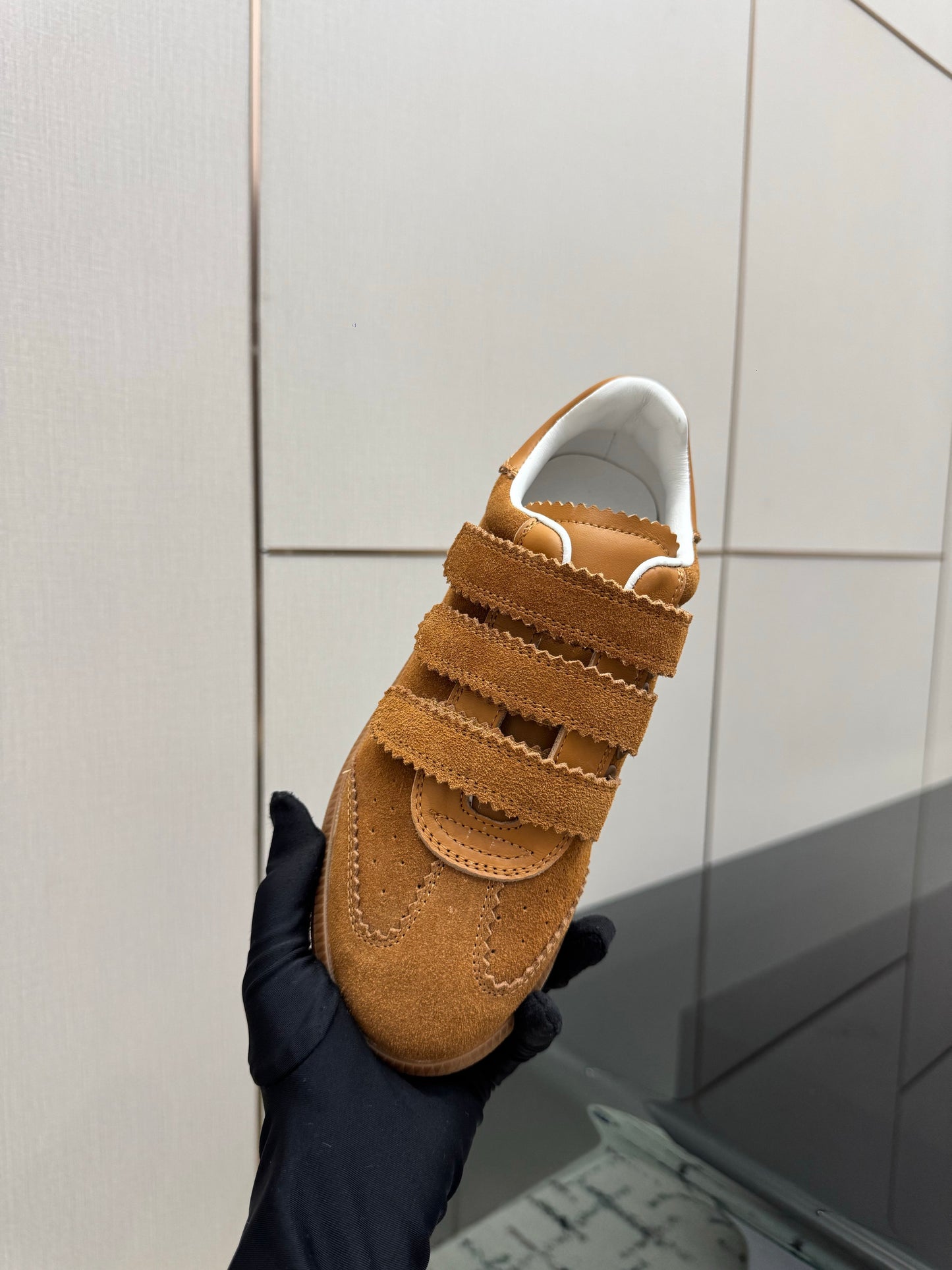 Cognac Suede Sneakers – Brushed Calfskin Low-Top Retro Court Shoes