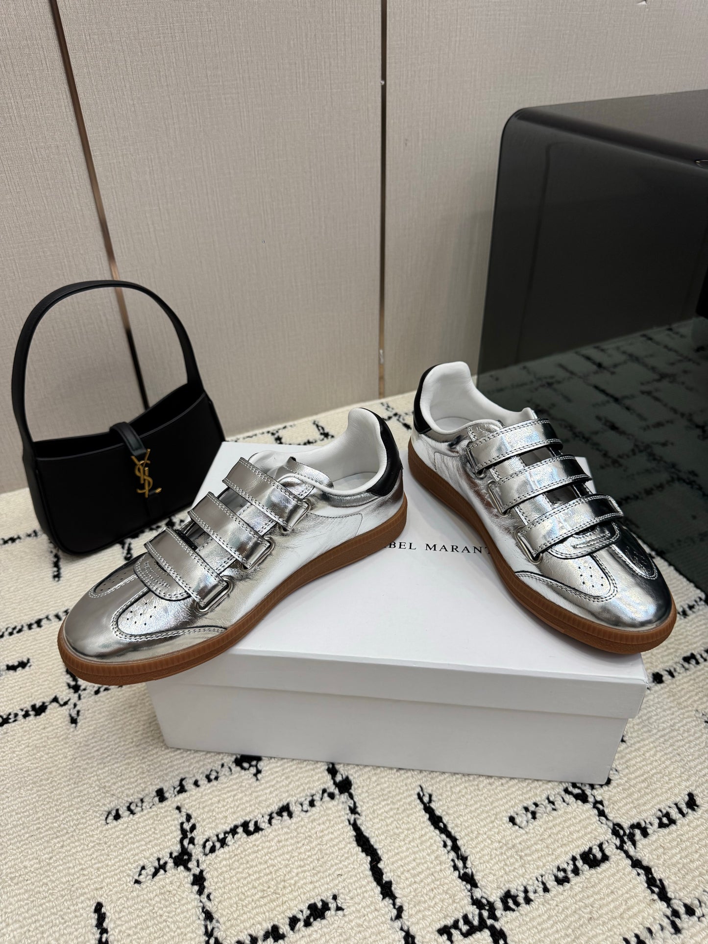 High-Shine Metallic Liquid Silver Low-Top Retro Court Shoes