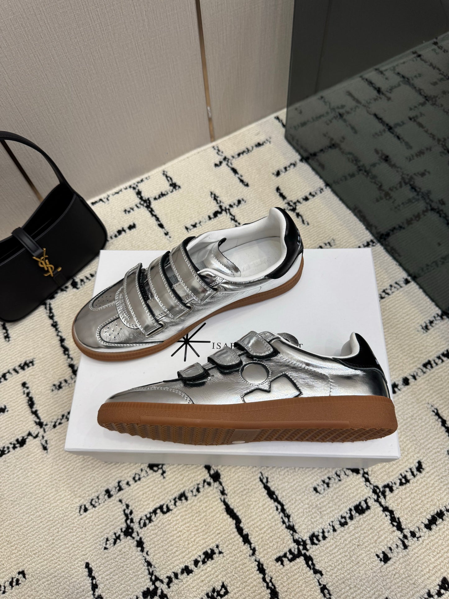 High-Shine Metallic Liquid Silver Low-Top Retro Court Shoes