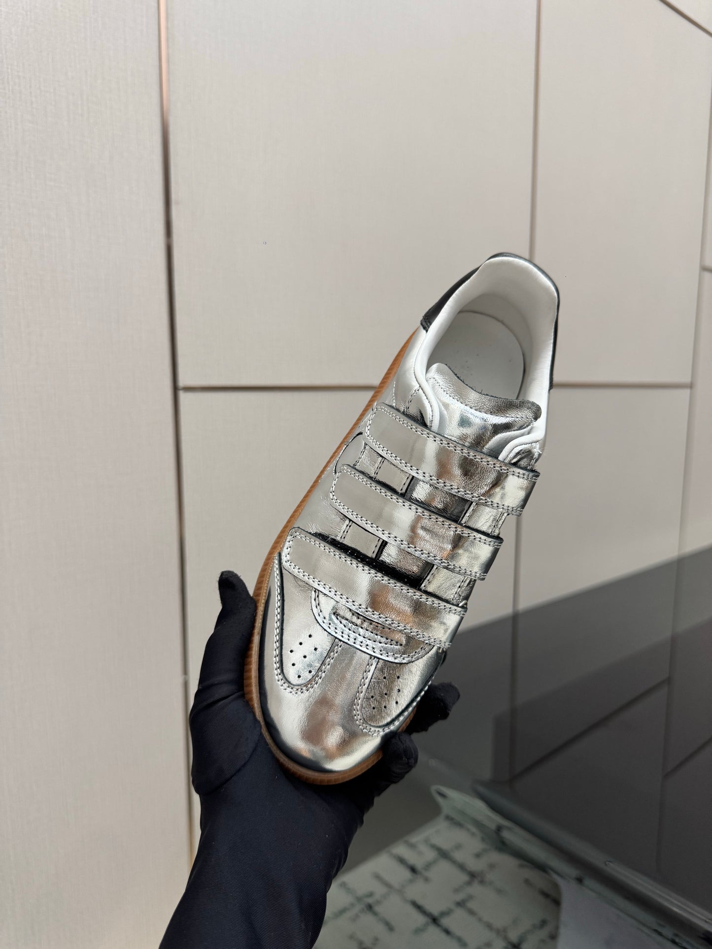 High-Shine Metallic Liquid Silver Low-Top Retro Court Shoes