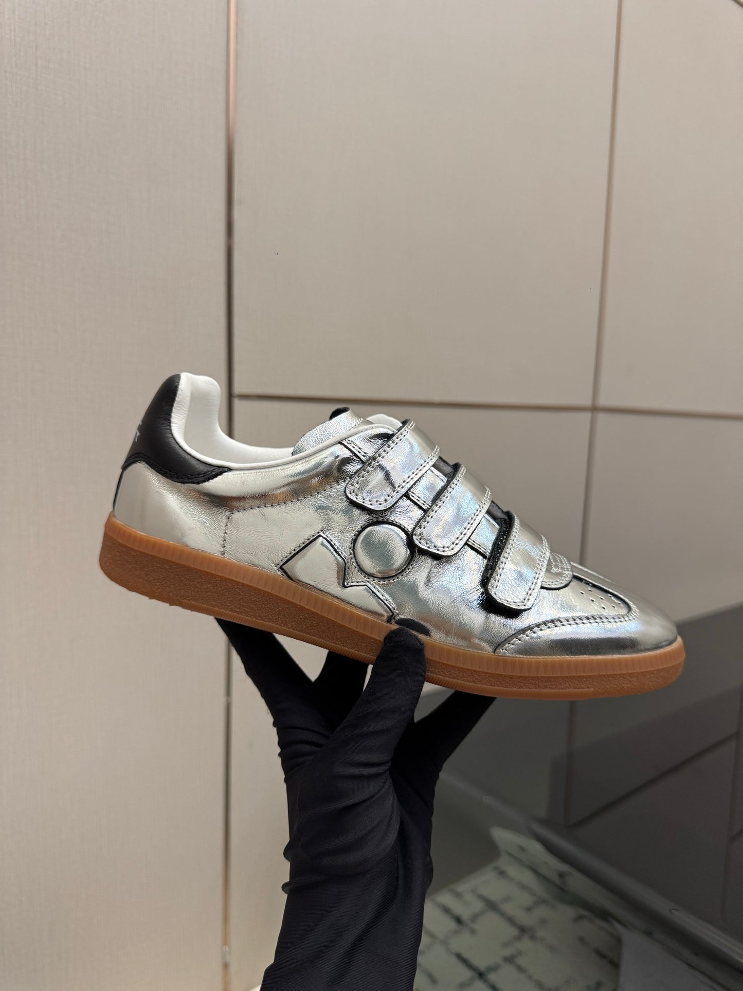 High-Shine Metallic Liquid Silver Low-Top Retro Court Shoes