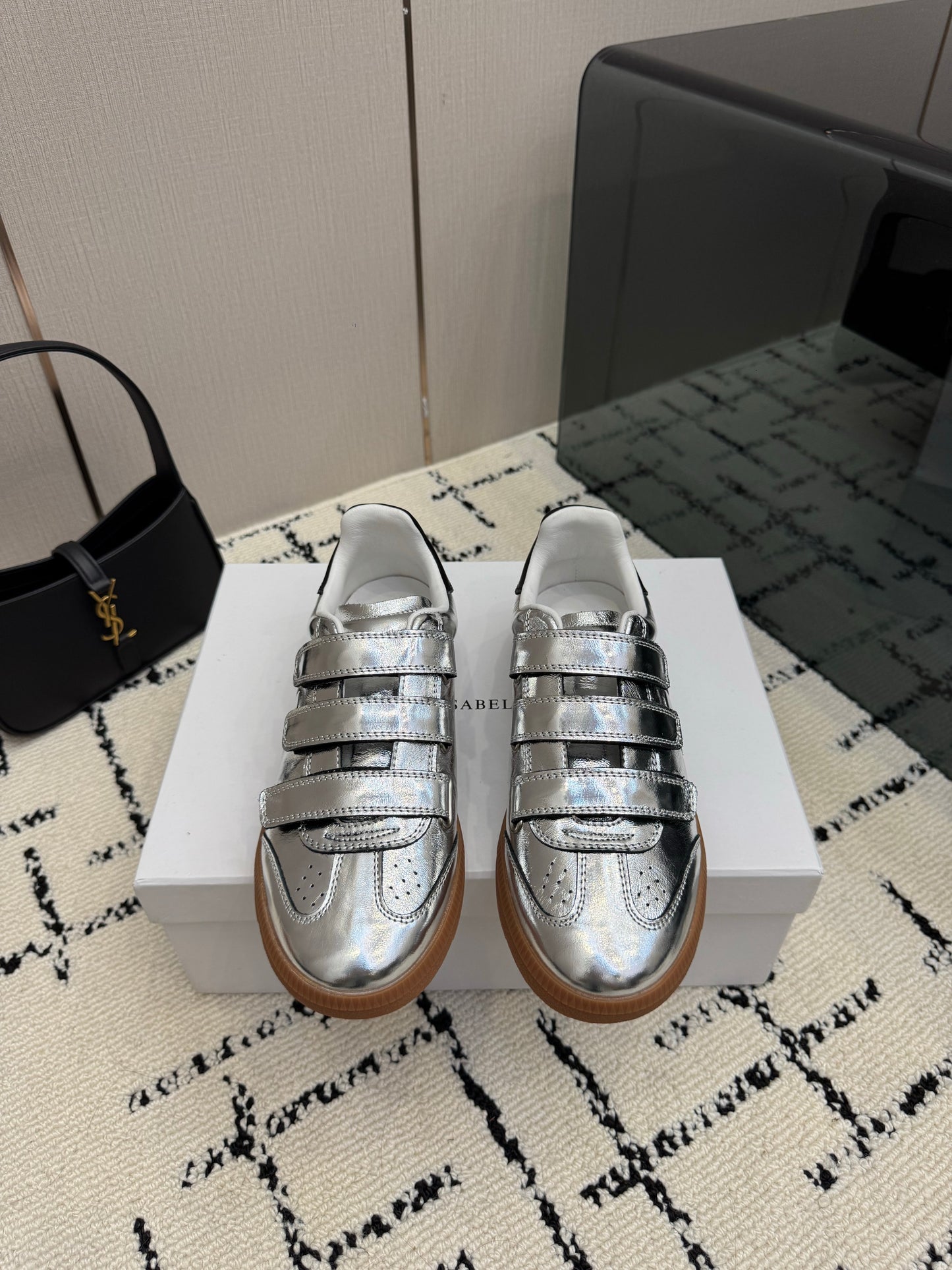 High-Shine Metallic Liquid Silver Low-Top Retro Court Shoes