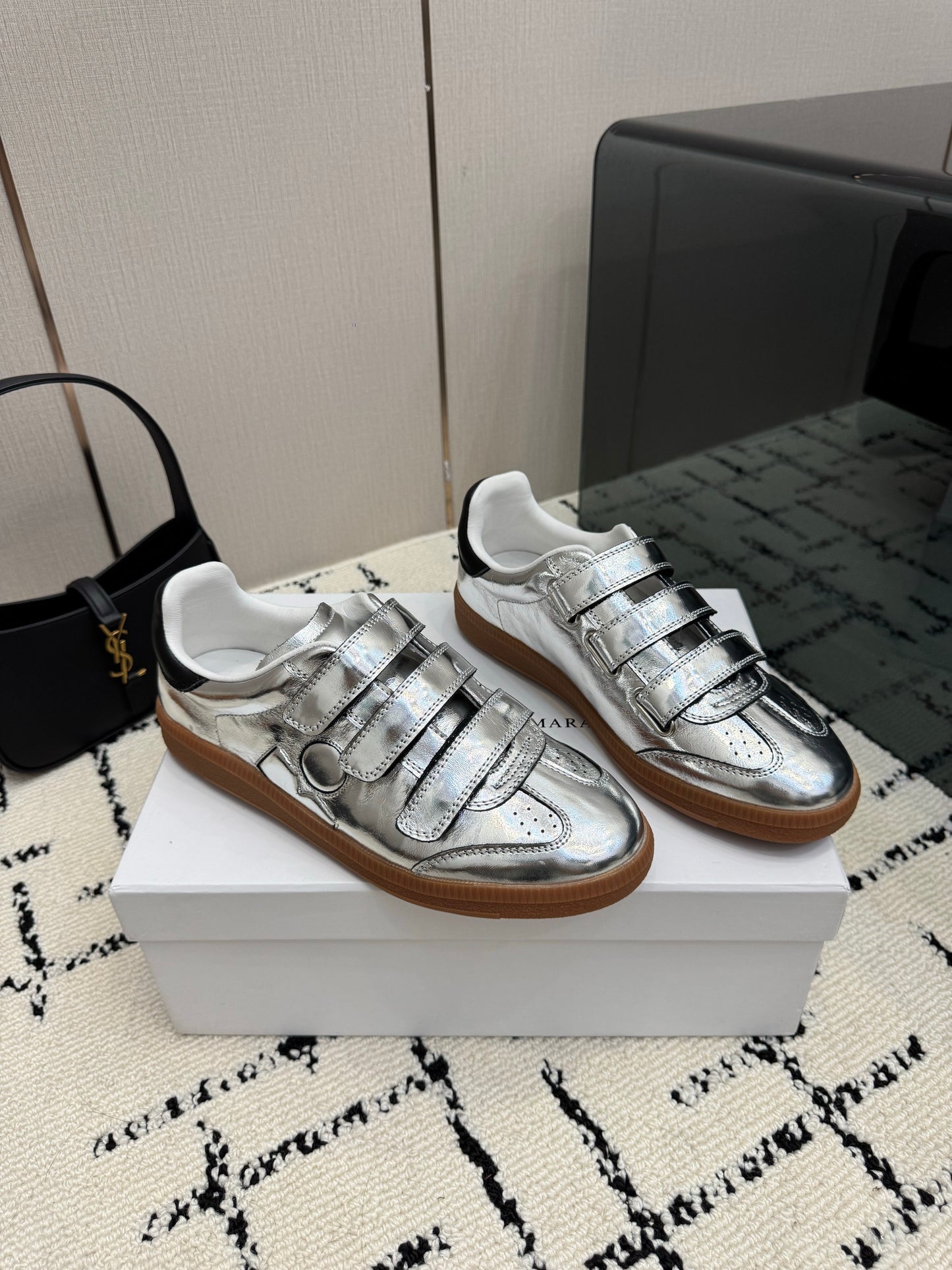 High-Shine Metallic Liquid Silver Low-Top Retro Court Shoes