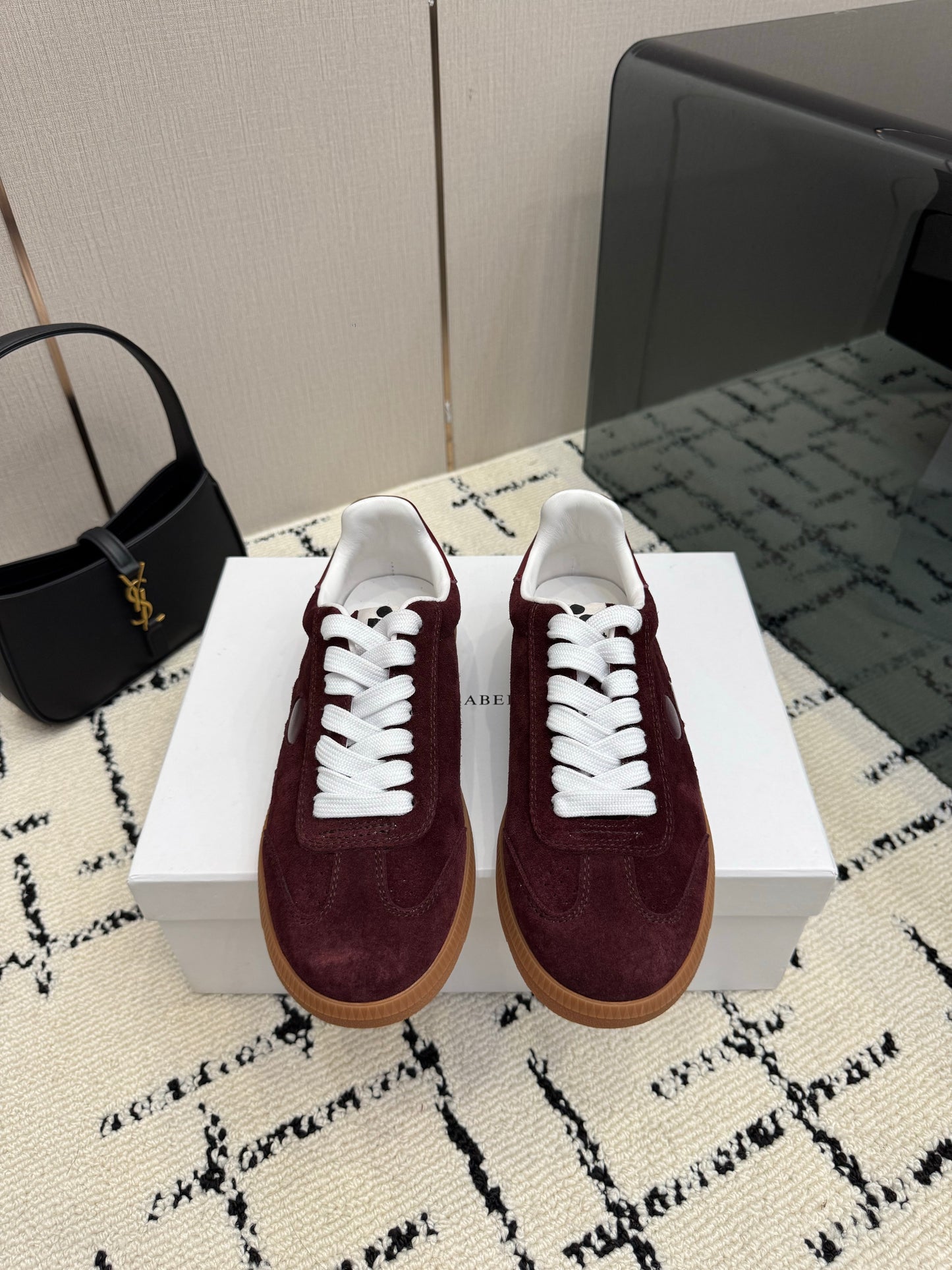 Burgundy Suede Sneakers – Deep Wine-Red Brushed Calfskin Low-Top Retro Court Shoes
