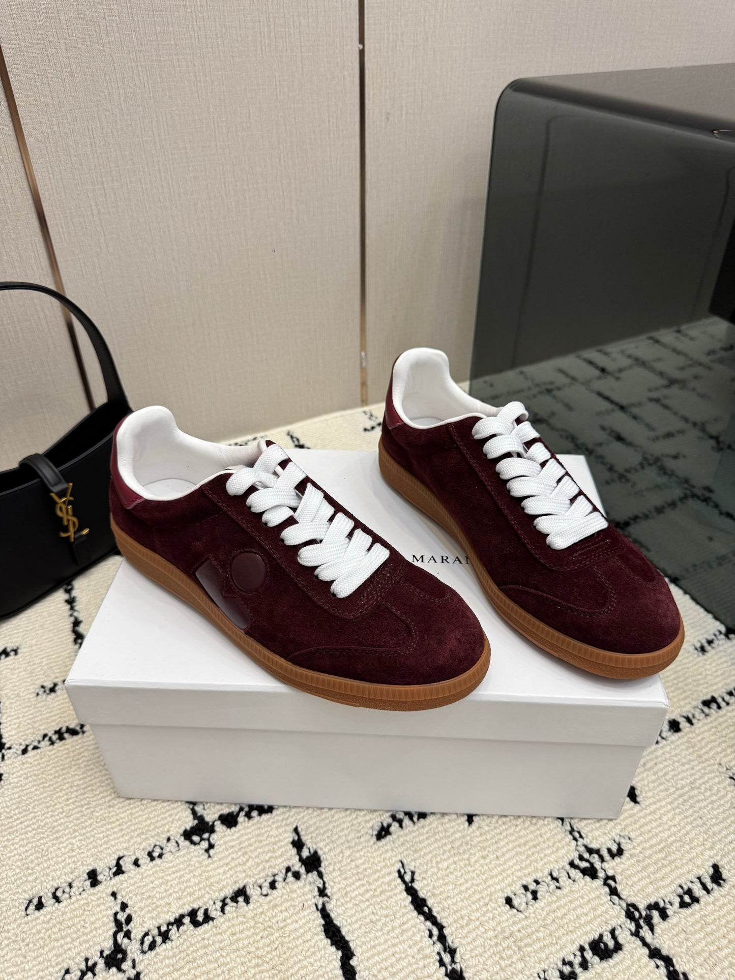 Burgundy Suede Sneakers – Deep Wine-Red Brushed Calfskin Low-Top Retro Court Shoes