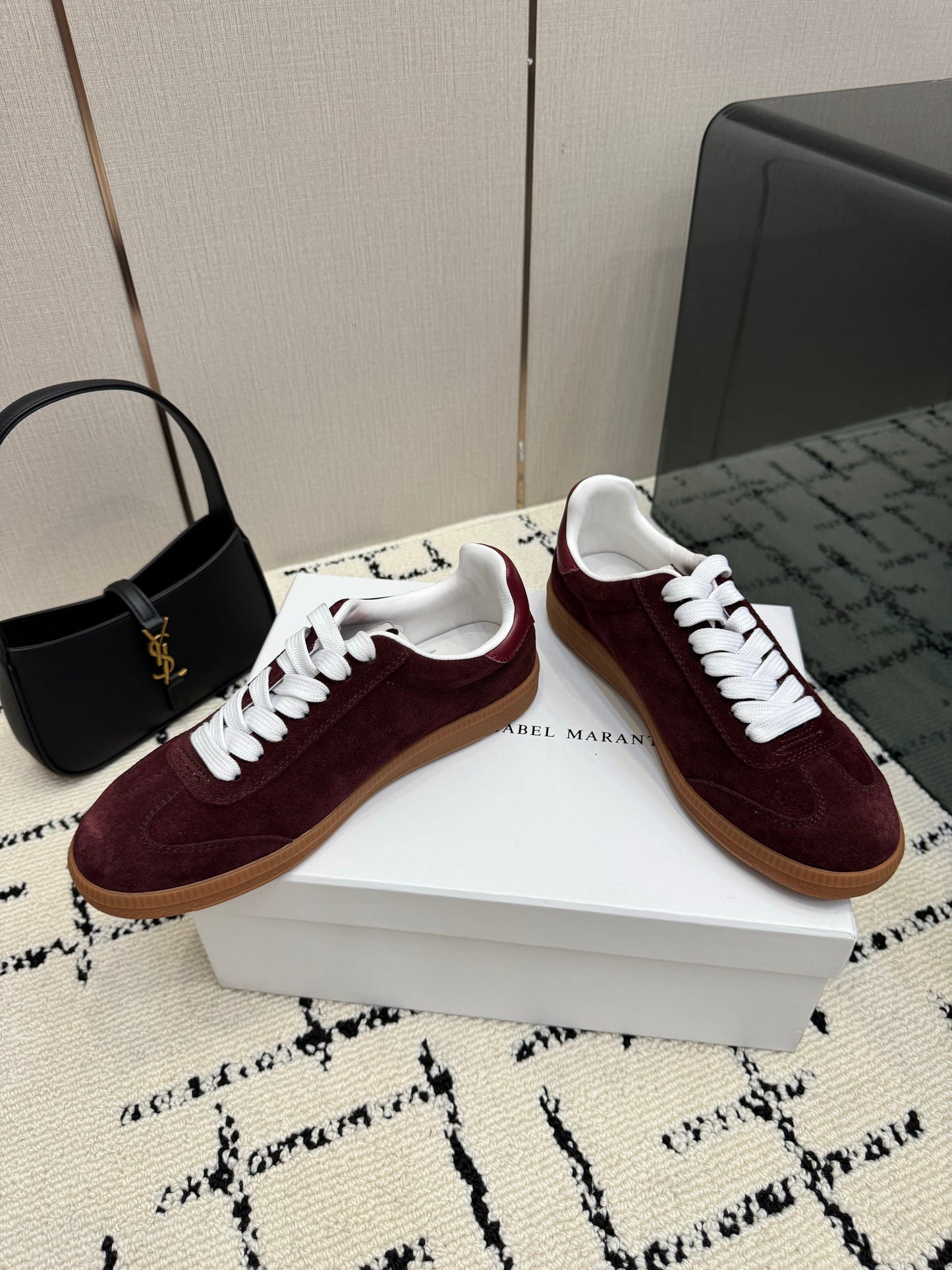 Burgundy Suede Sneakers – Deep Wine-Red Brushed Calfskin Low-Top Retro Court Shoes