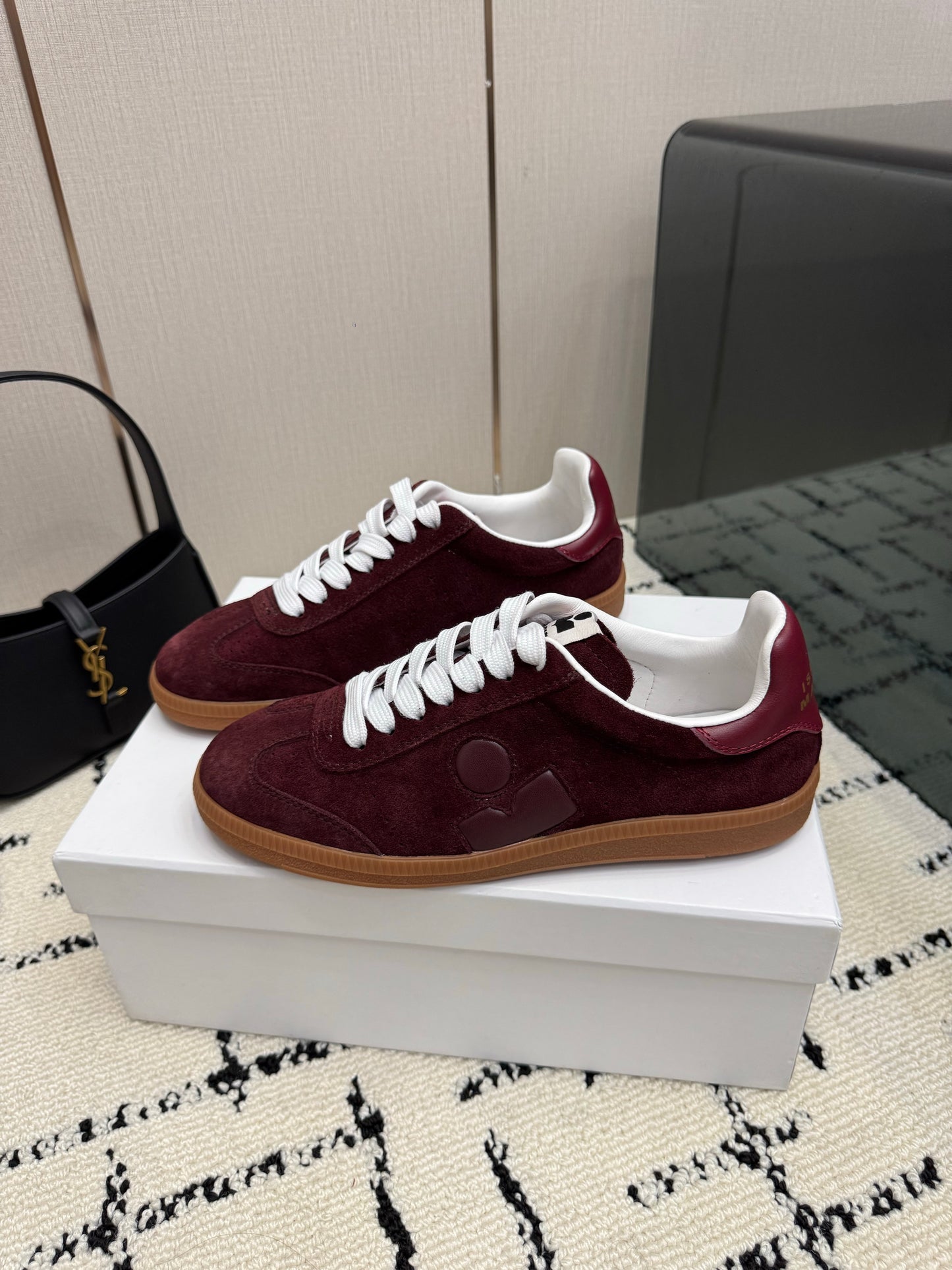Burgundy Suede Sneakers – Deep Wine-Red Brushed Calfskin Low-Top Retro Court Shoes
