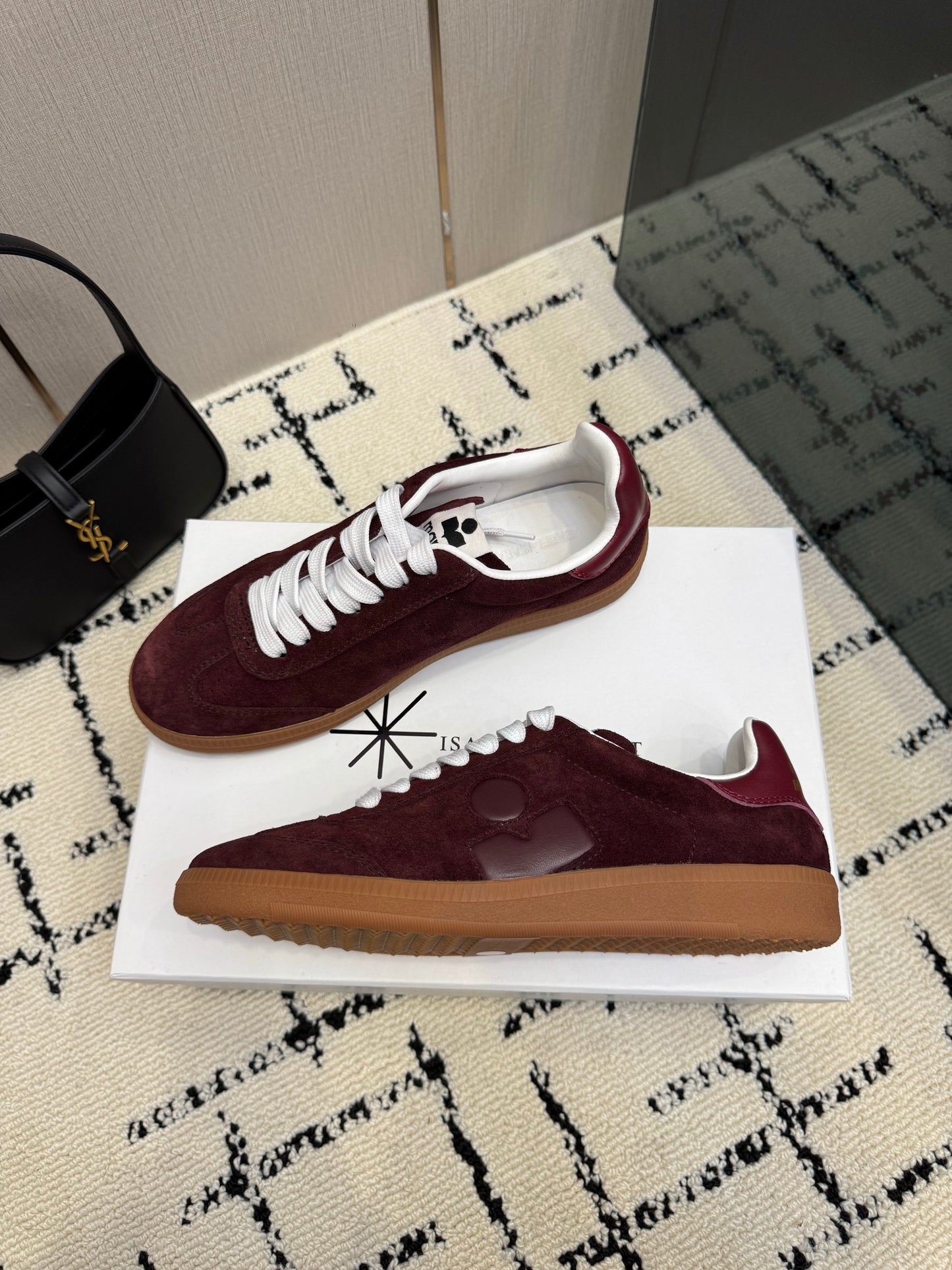 Burgundy Suede Sneakers – Deep Wine-Red Brushed Calfskin Low-Top Retro Court Shoes