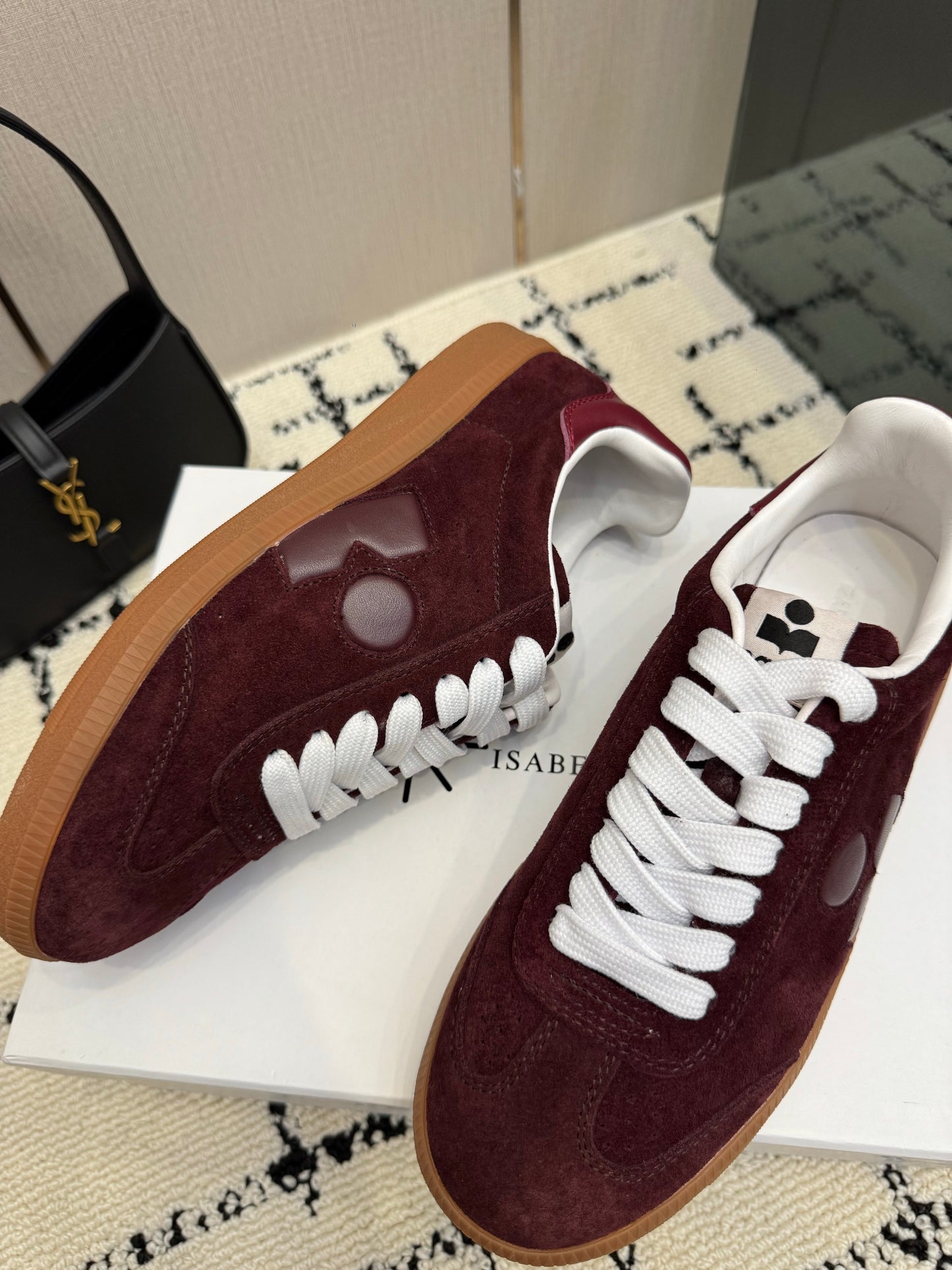 Burgundy Suede Sneakers – Deep Wine-Red Brushed Calfskin Low-Top Retro Court Shoes