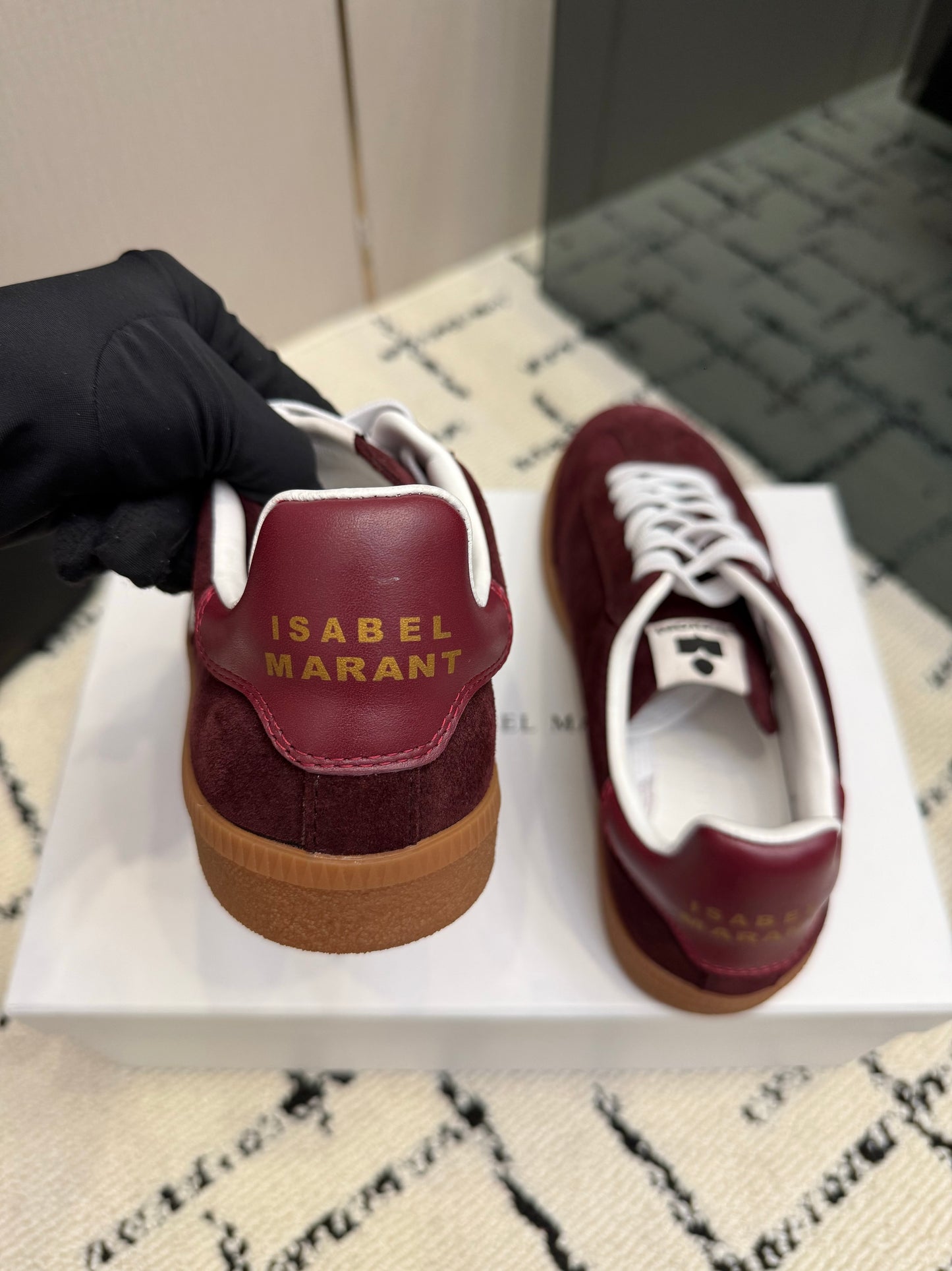 Burgundy Suede Sneakers – Deep Wine-Red Brushed Calfskin Low-Top Retro Court Shoes