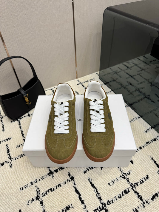 Olive-Toned Suede Sneakers – Brushed Calfskin Low-Top Retro Court Shoes
