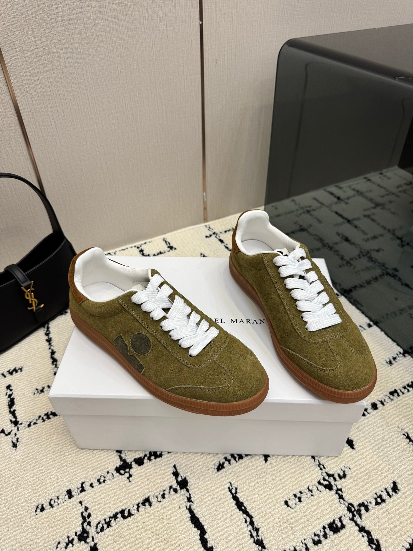 Olive-Toned Suede Sneakers – Brushed Calfskin Low-Top Retro Court Shoes