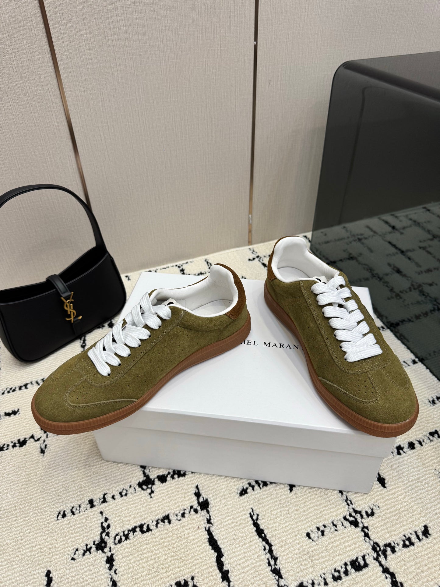 Olive-Toned Suede Sneakers – Brushed Calfskin Low-Top Retro Court Shoes