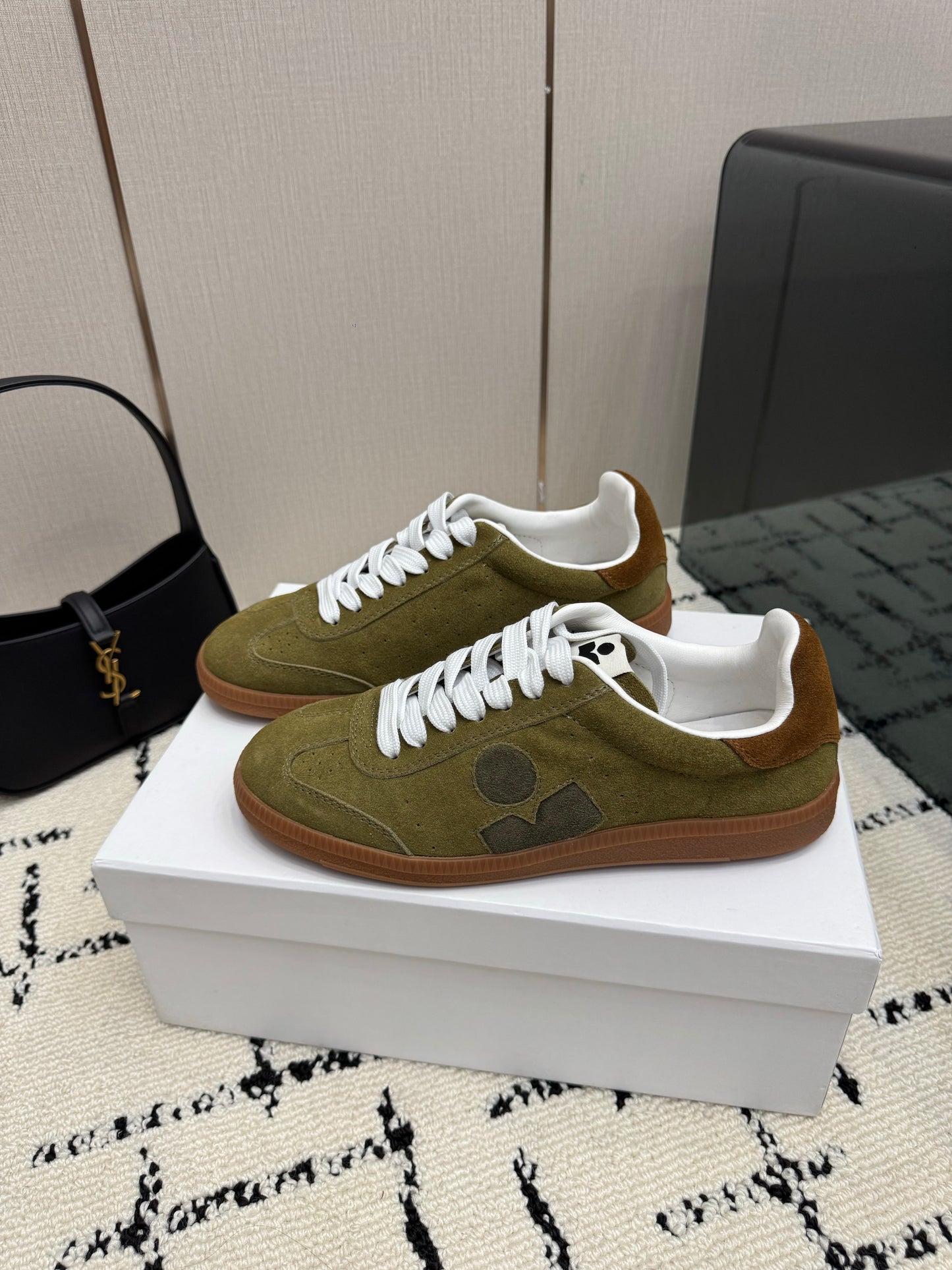 Olive-Toned Suede Sneakers – Brushed Calfskin Low-Top Retro Court Shoes