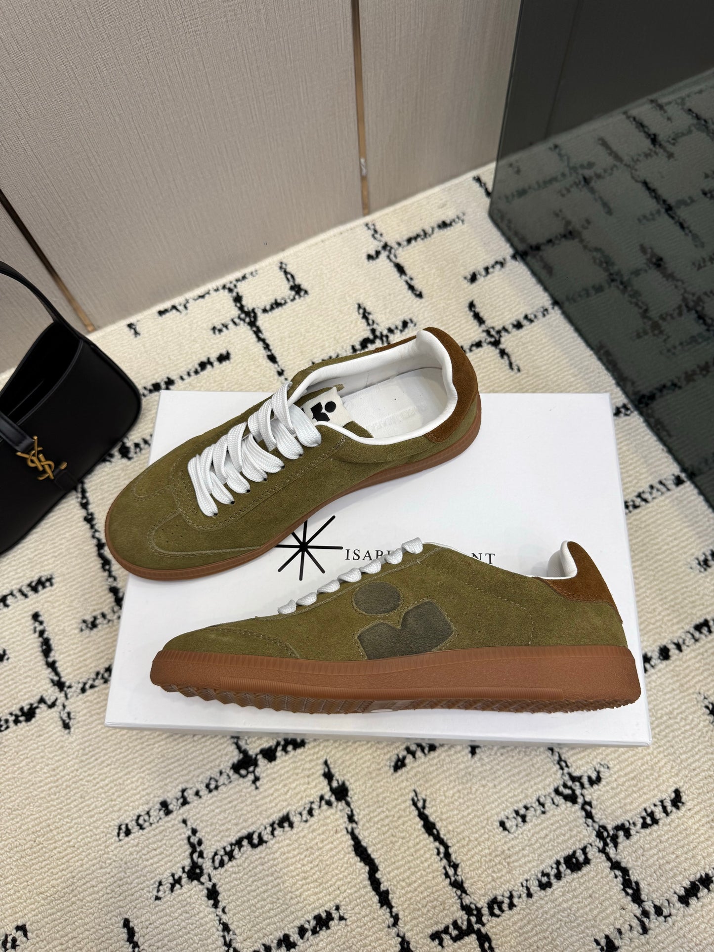 Olive-Toned Suede Sneakers – Brushed Calfskin Low-Top Retro Court Shoes
