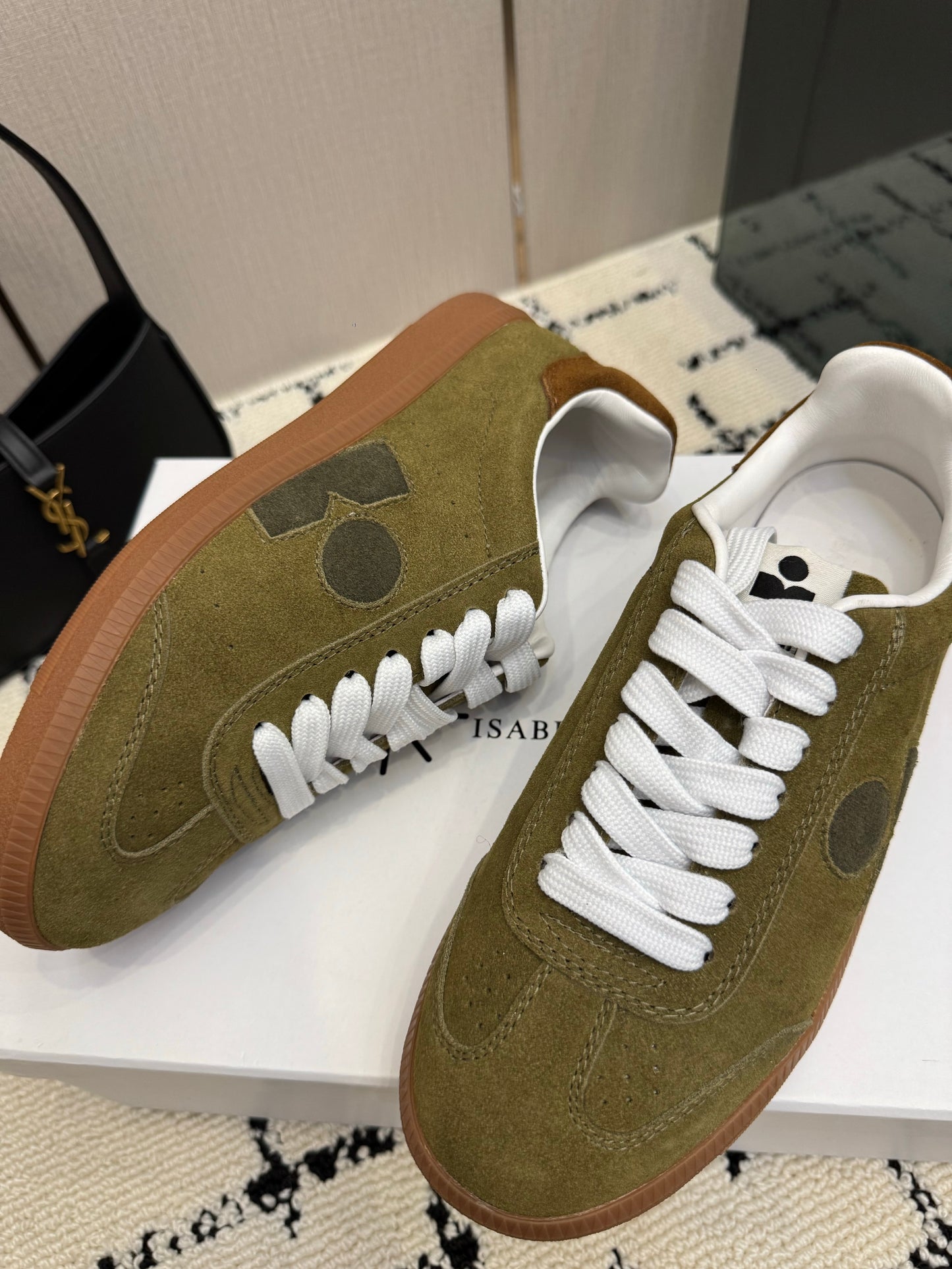 Olive-Toned Suede Sneakers – Brushed Calfskin Low-Top Retro Court Shoes