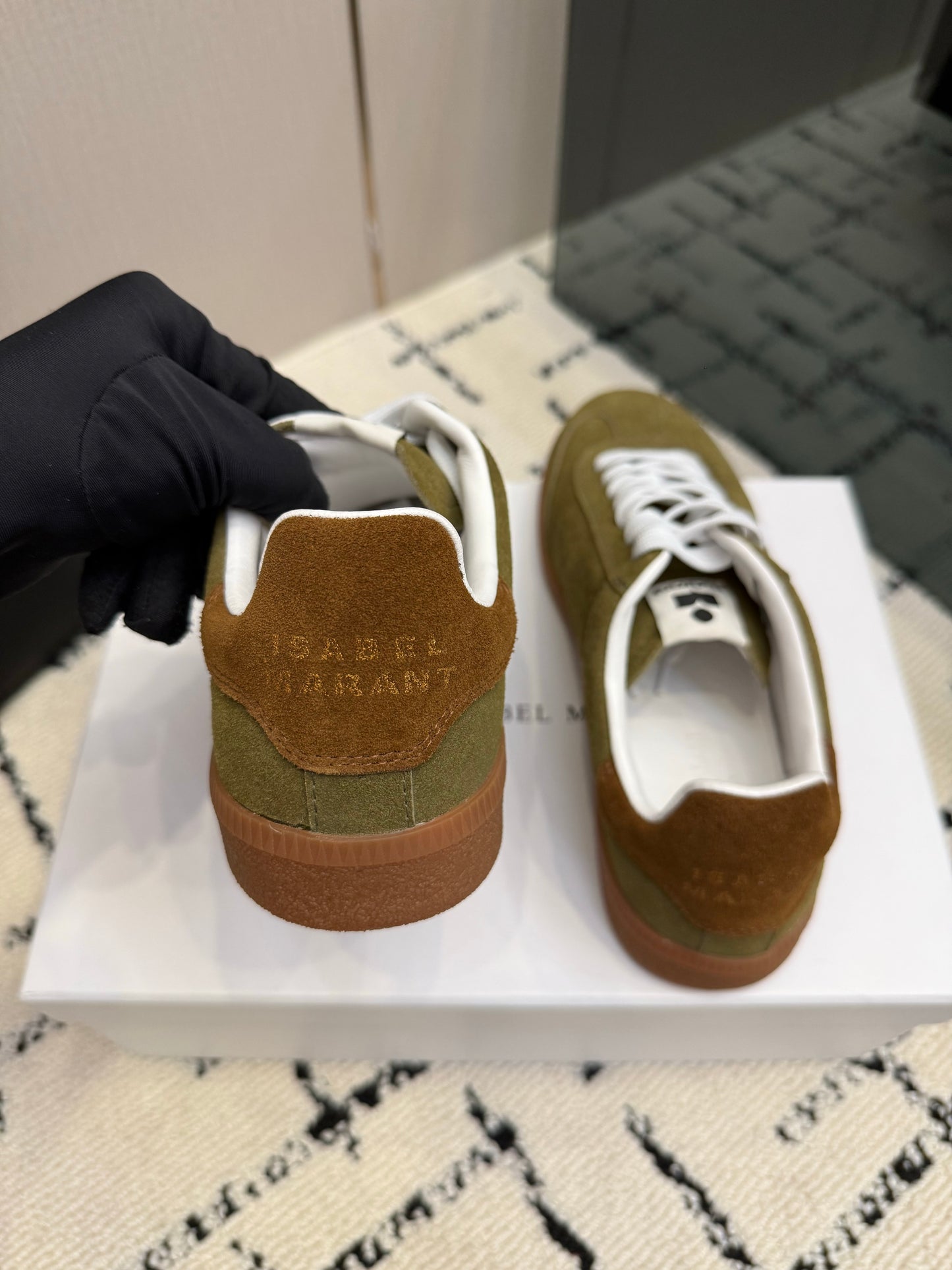 Olive-Toned Suede Sneakers – Brushed Calfskin Low-Top Retro Court Shoes