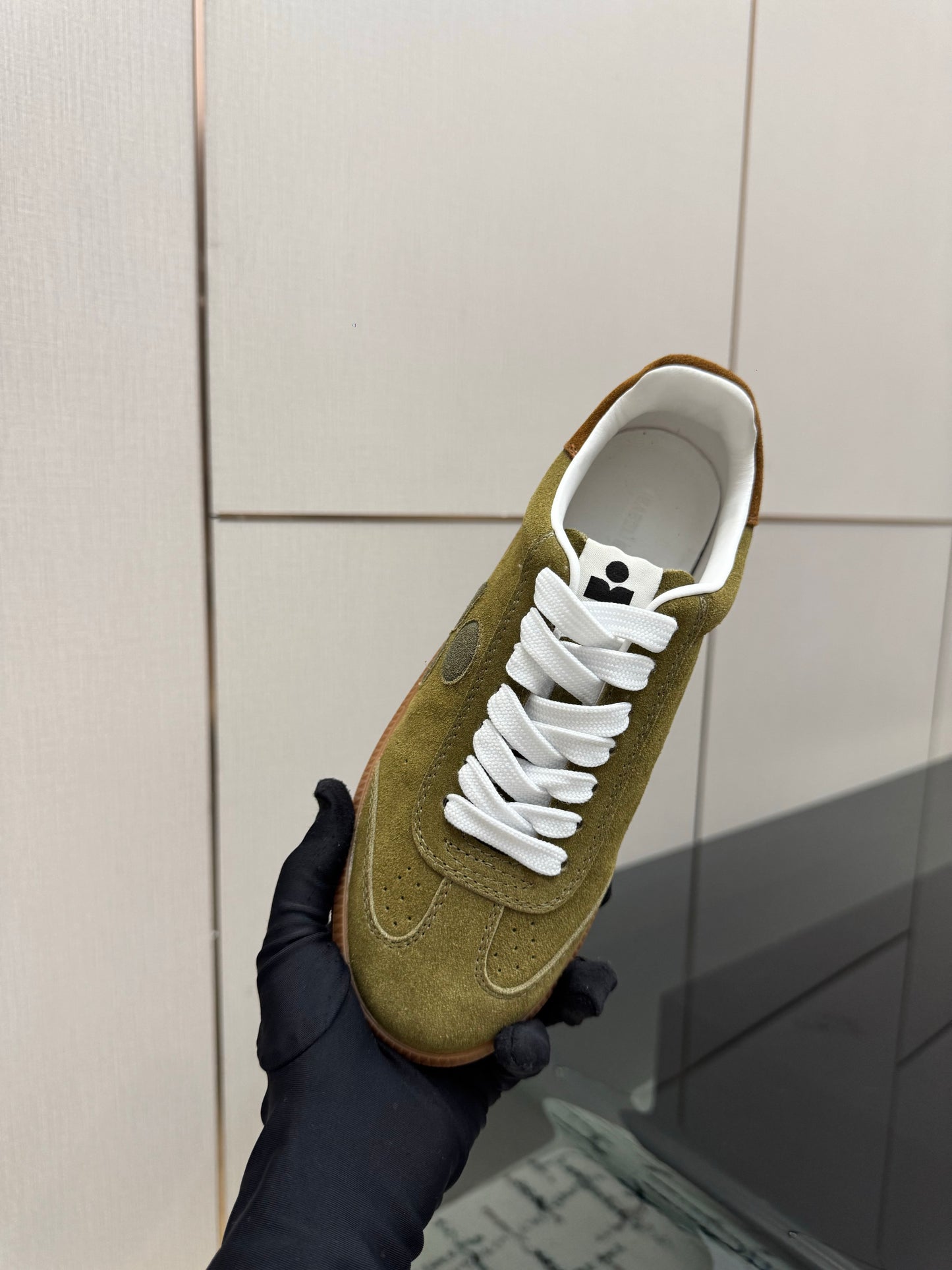 Olive-Toned Suede Sneakers – Brushed Calfskin Low-Top Retro Court Shoes