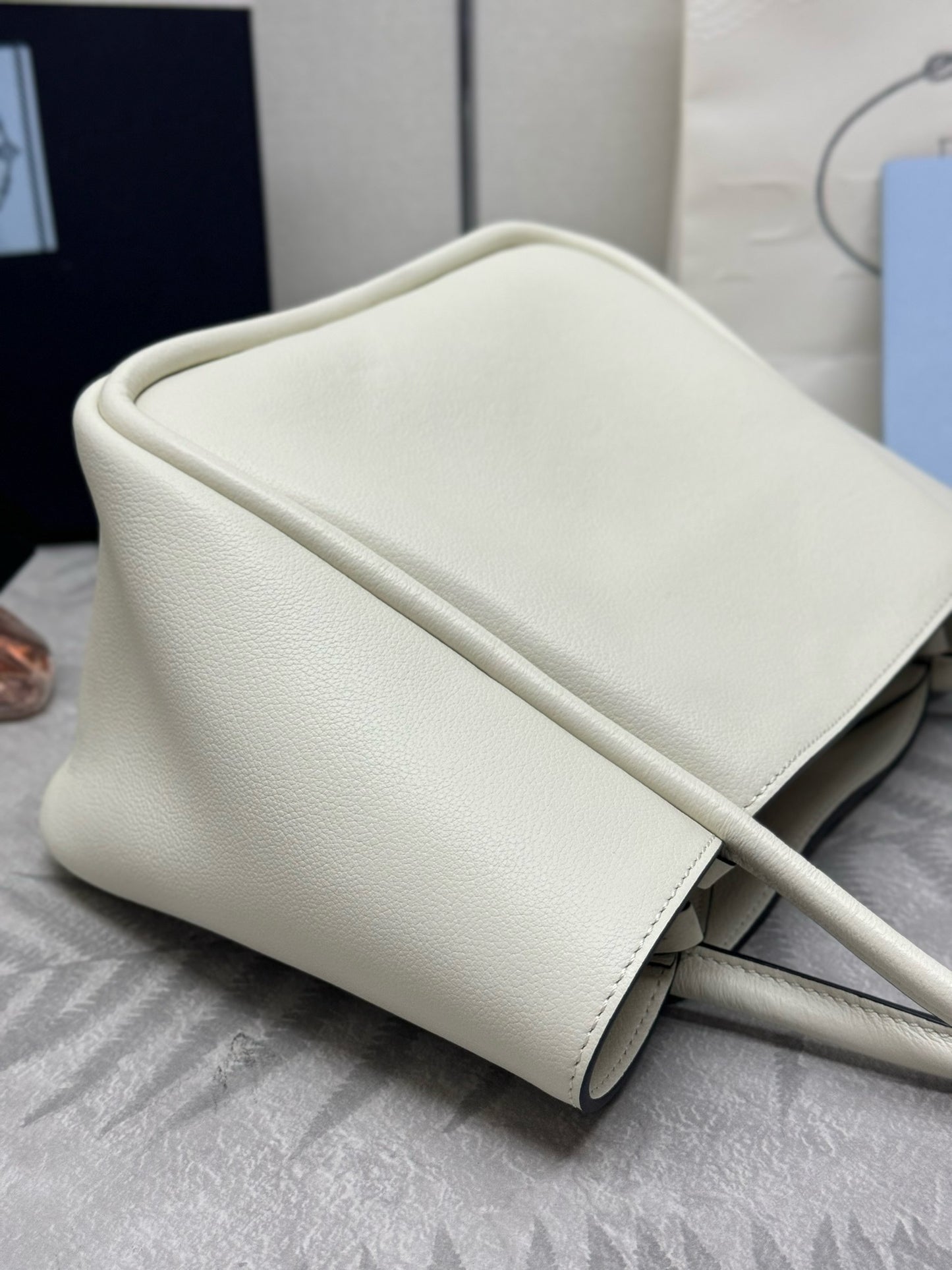 Small Leather Tote Bag – Ivory Grained Calfskin Soft Trapezoidal Tote