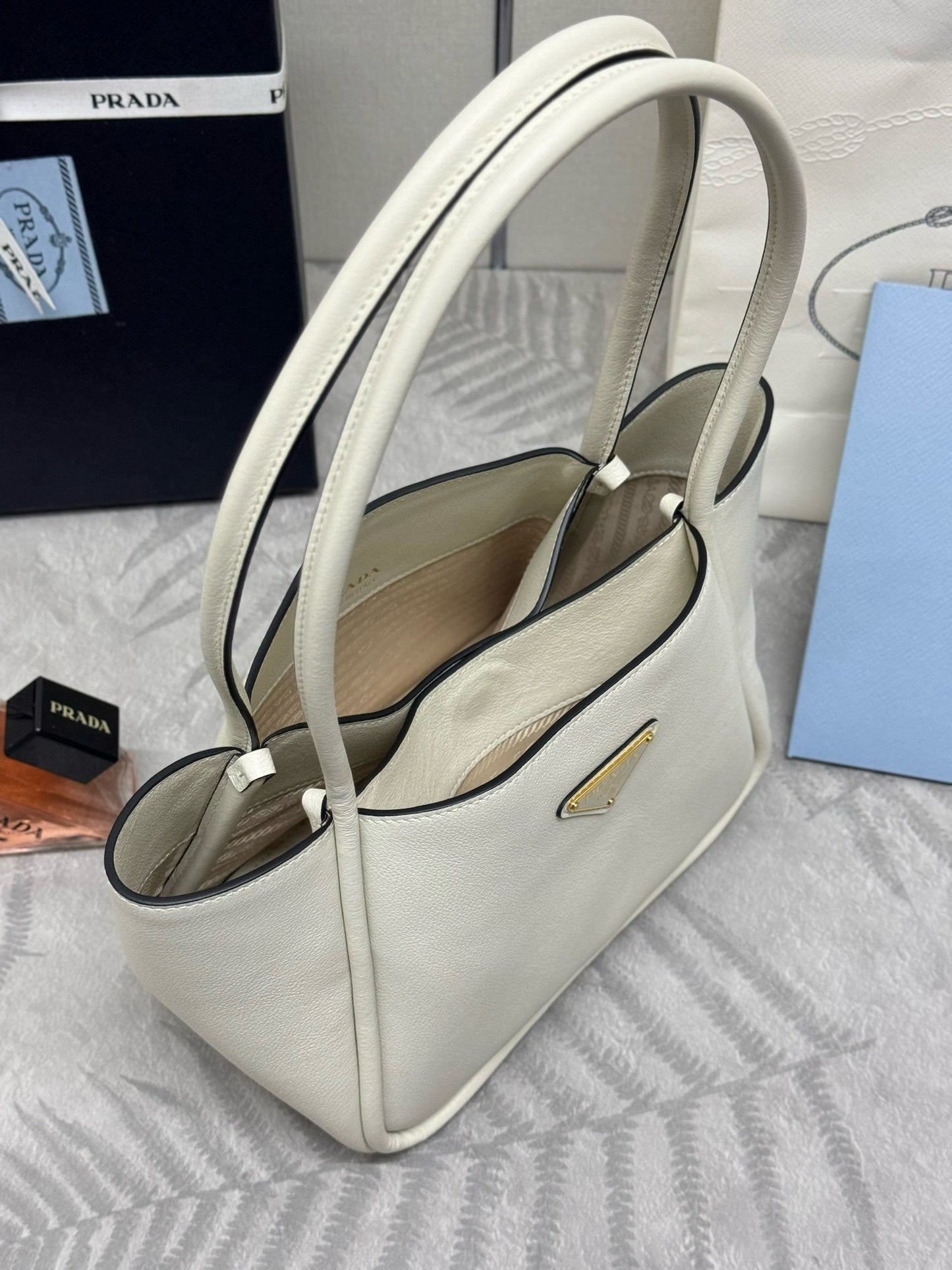 Small Leather Tote Bag – Ivory Grained Calfskin Soft Trapezoidal Tote