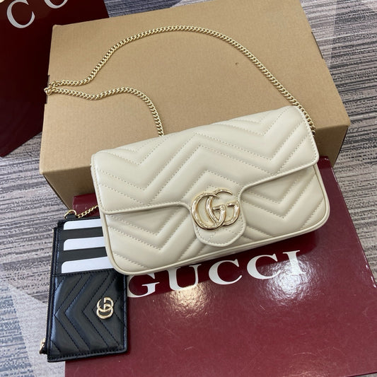 GG Marmont Mini Shoulder Bag – Ivory White Matelassé Chevron Calfskin Flap Crossbody Purse