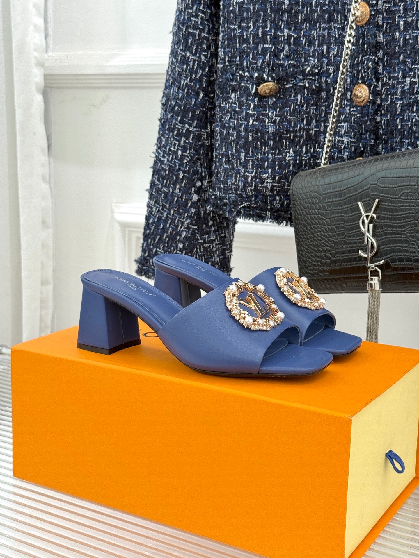 LV Madeleine Mule – Blue Satin & Embellished Tweed with Crystal Brooch