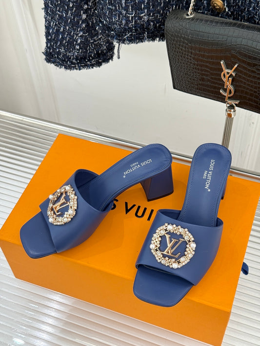LV Madeleine Mule – Blue Satin & Embellished Tweed with Crystal Brooch