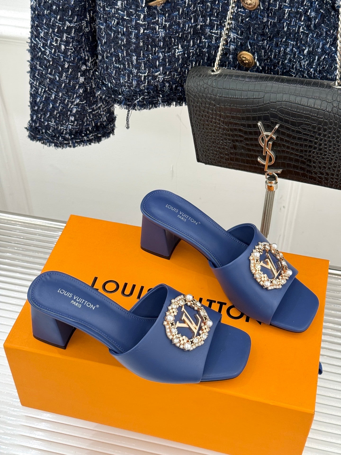 LV Madeleine Mule – Blue Satin & Embellished Tweed with Crystal Brooch