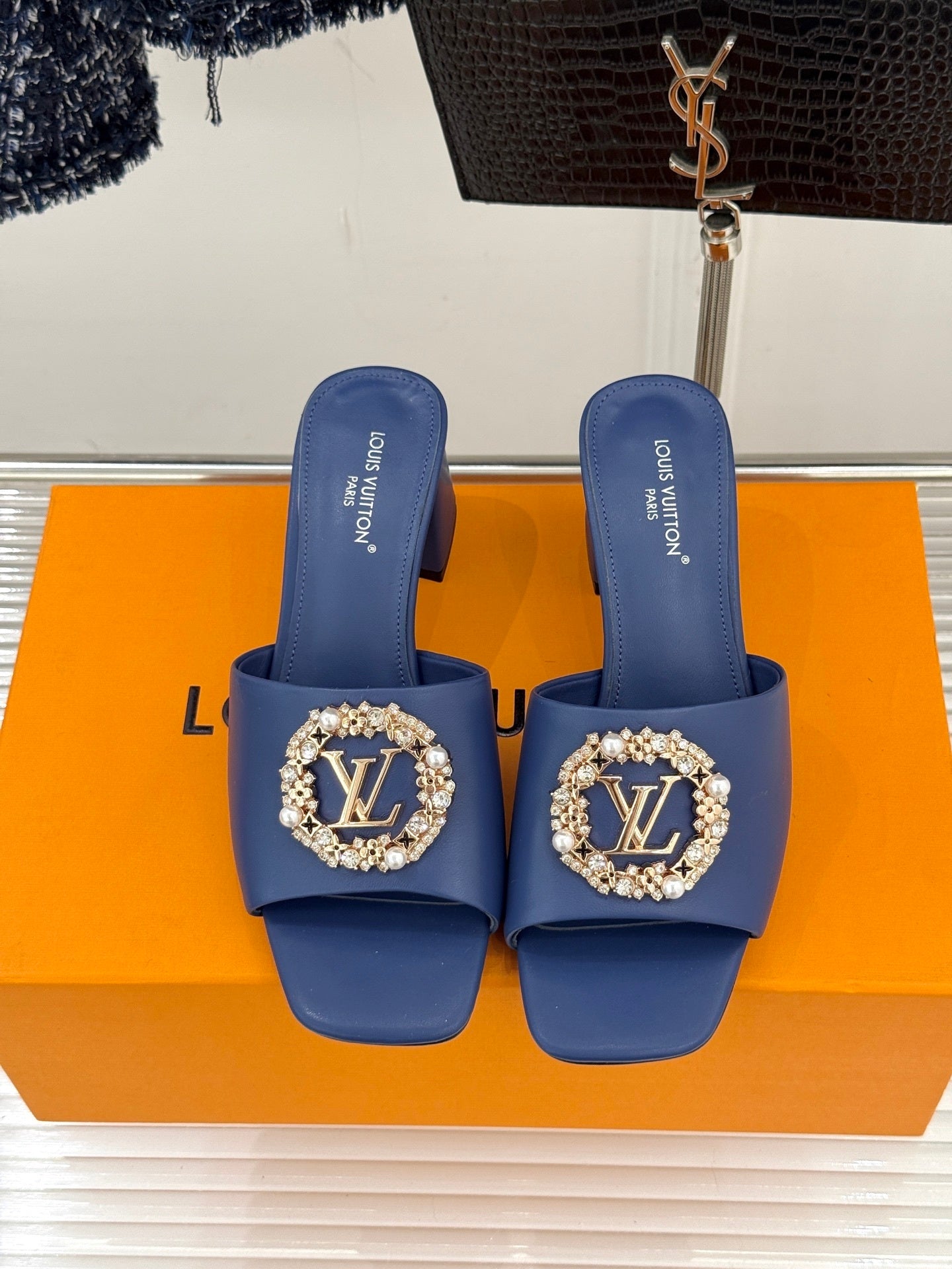 LV Madeleine Mule – Blue Satin & Embellished Tweed with Crystal Brooch